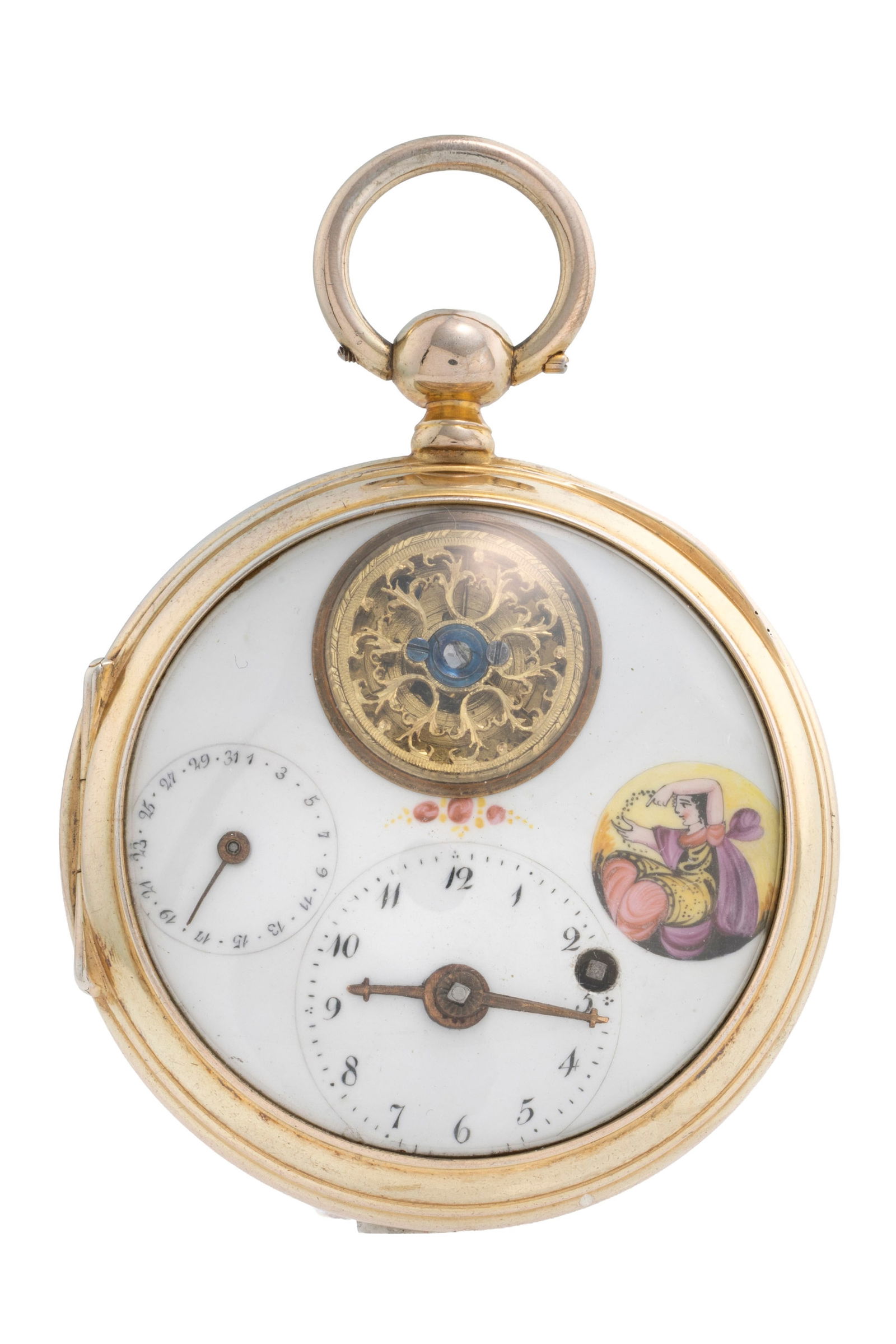 Montre de poche en vermeil avec indication de la date, ouverture sur le cadran pour laisser appara&#: Montre de poche en vermeil avec indication de la date, ouverture sur le cadran pour laisser apparaître le balancier, début XIXe s. Mouvement: mécanique Boîtier: diam. 54 mm