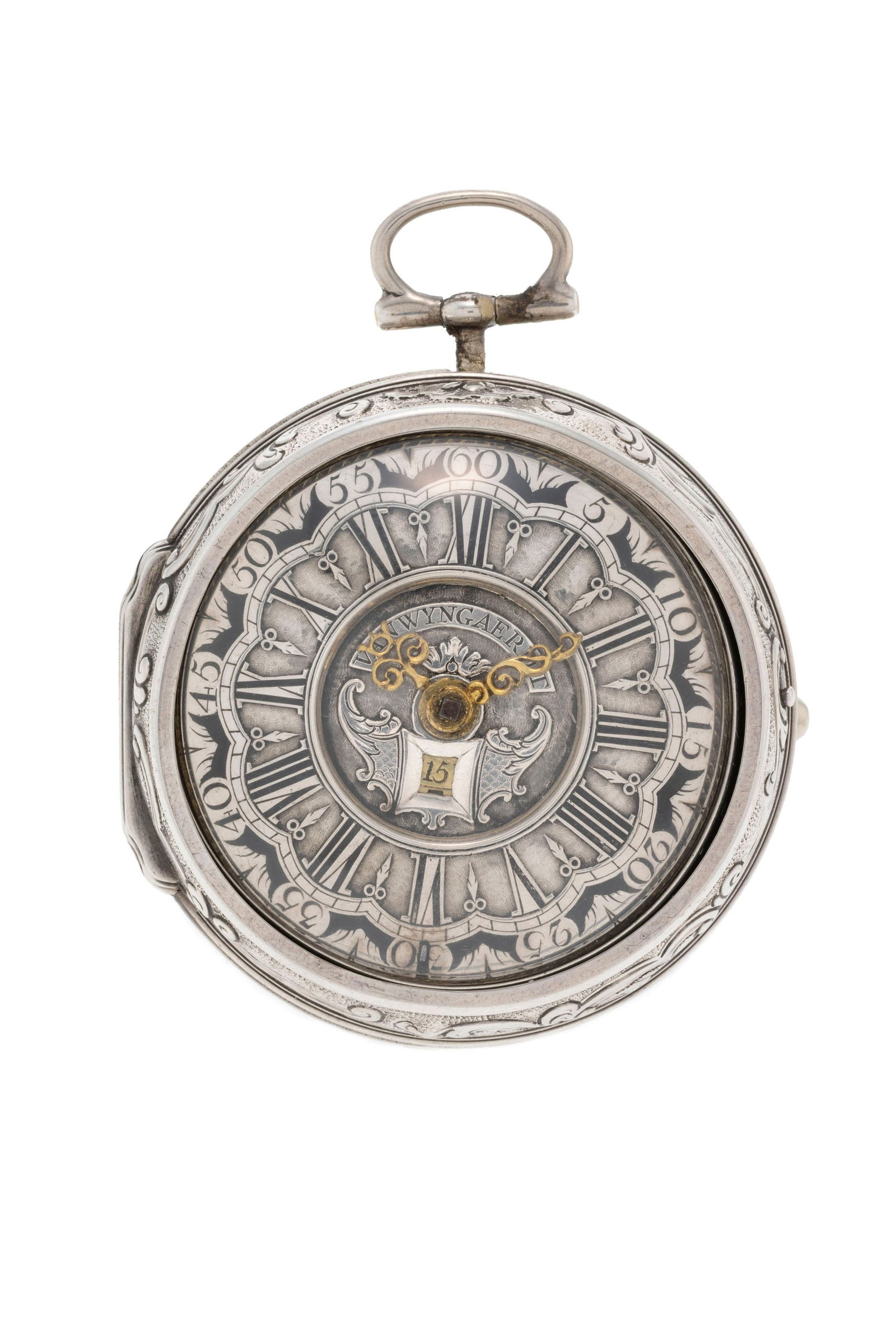 Arnoldus Van Wyngaerdt Rotterdam, montre de poche en argent avec indication de la date, boîtier: Arnoldus Van Wyngaerdt Rotterdam, montre de poche en argent avec indication de la date, boîtier de protection en argent repoussé décoré d'une scène à l'antique, XVIIIe s.