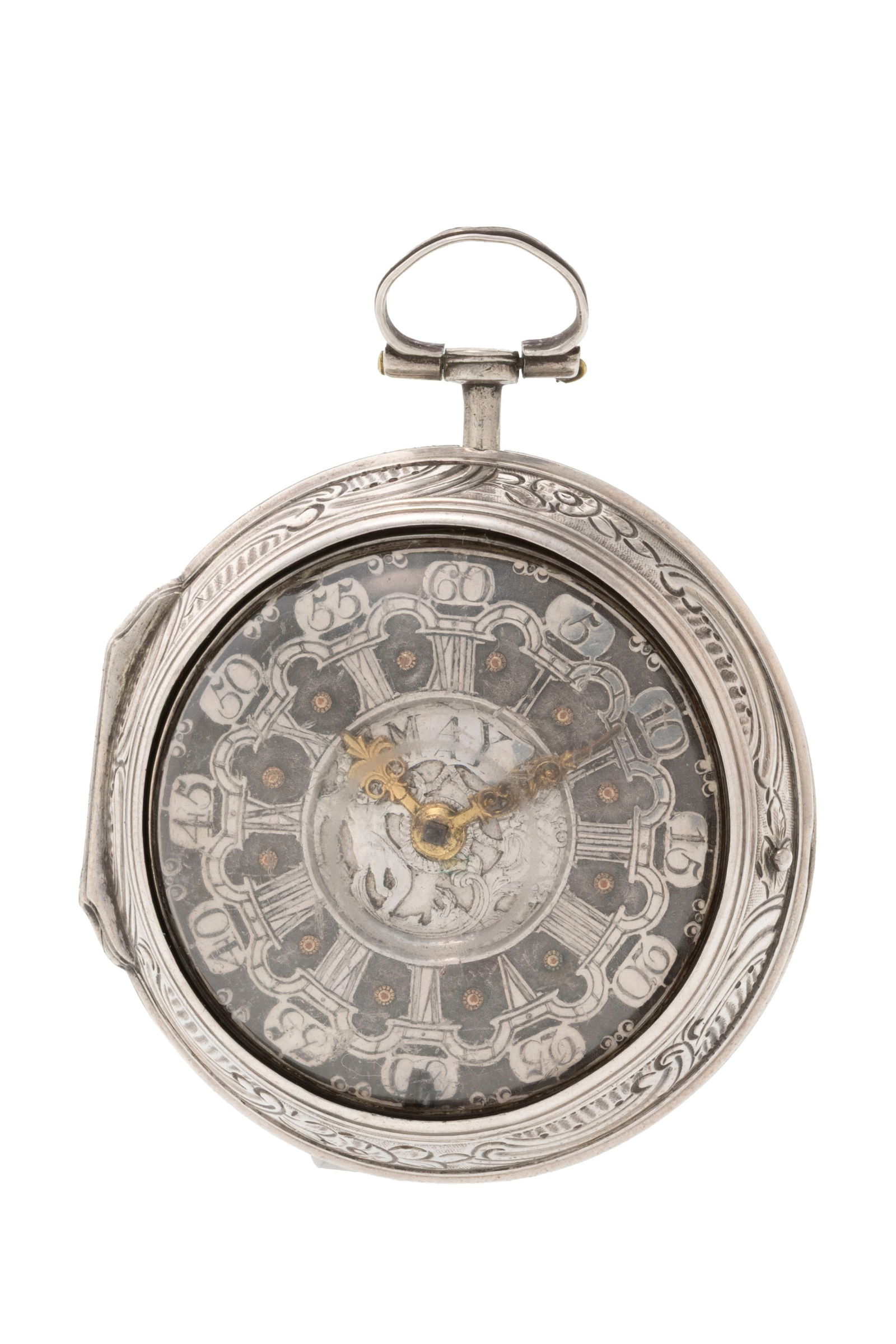 John May London, montre de poche à coq en argent avec son boîtier de protection en argent : John May London, montre de poche à coq en argent avec son boîtier de protection en argent repoussé à décor d'une scène à l'antique, début XVIIIe s. Mouvement: