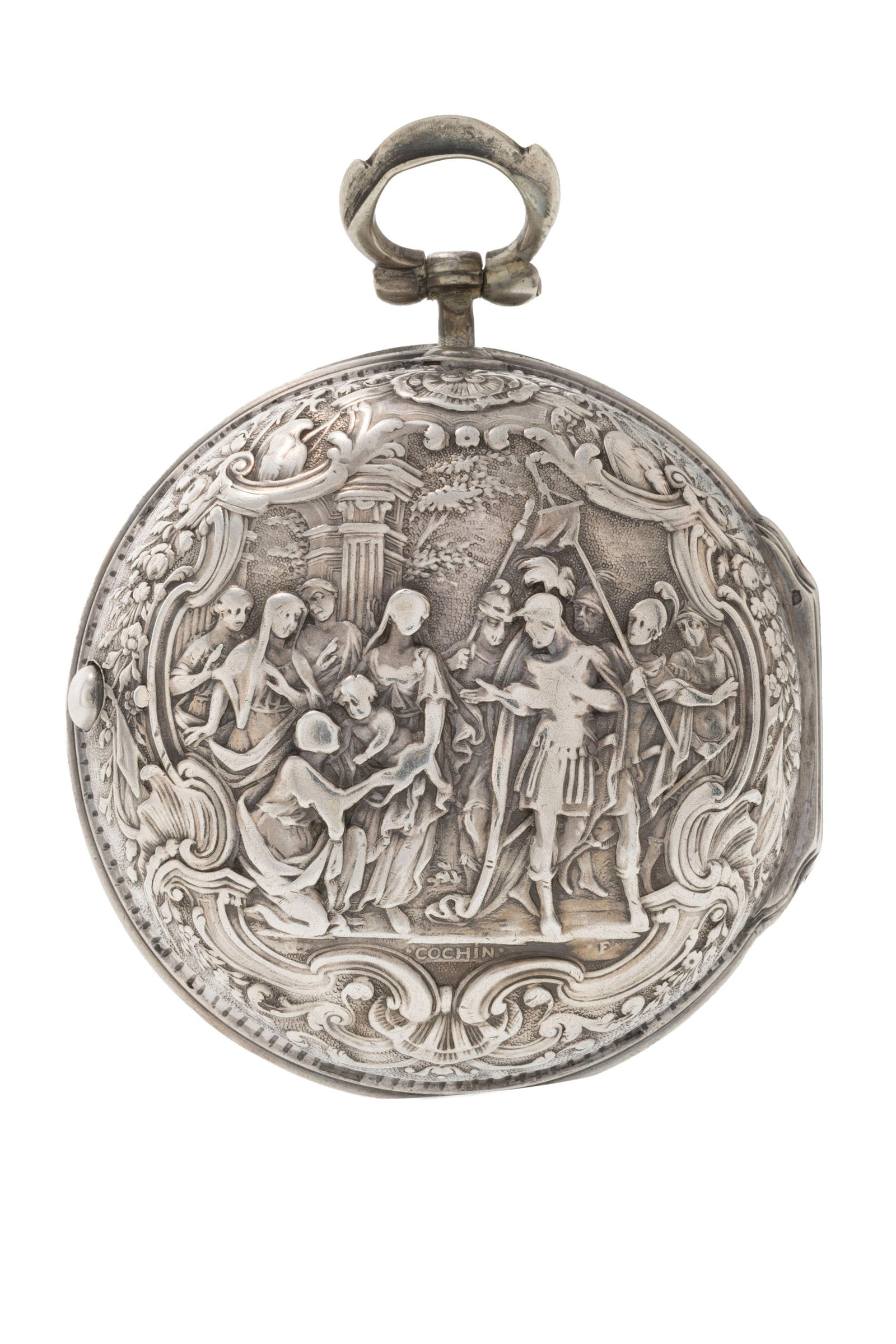 Montre de poche à coq en argent avec son boîtier de protection en argent repoussé d&# - 3