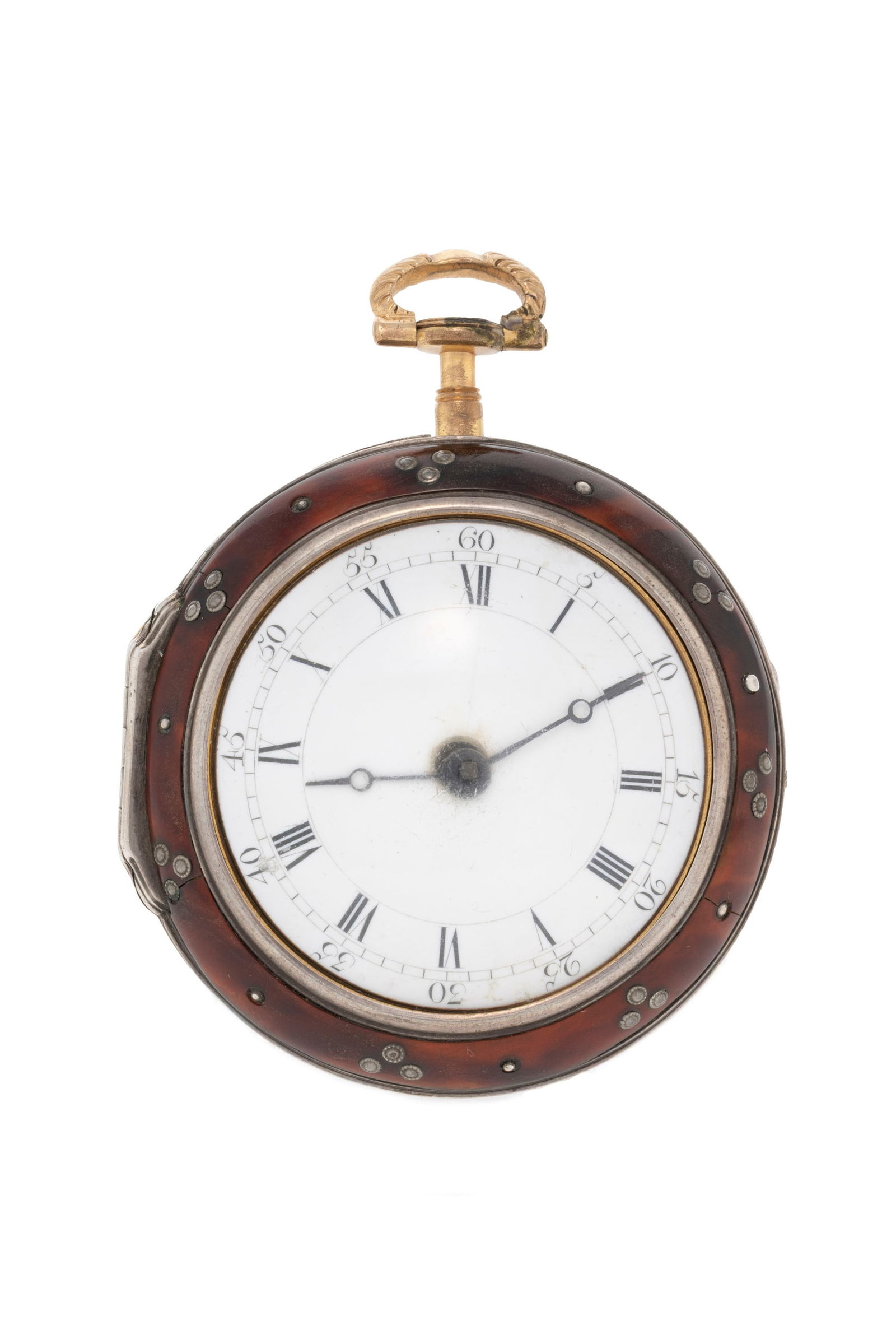 Thomas Martin London, montre de poche à coq en laiton, fin XVIIIe s., on joint un boîtier : Thomas Martin London, montre de poche à coq en laiton, fin XVIIIe s., on joint un boîtier de protection en argent et écaille de tortue Mouvement: mécanique, n°339