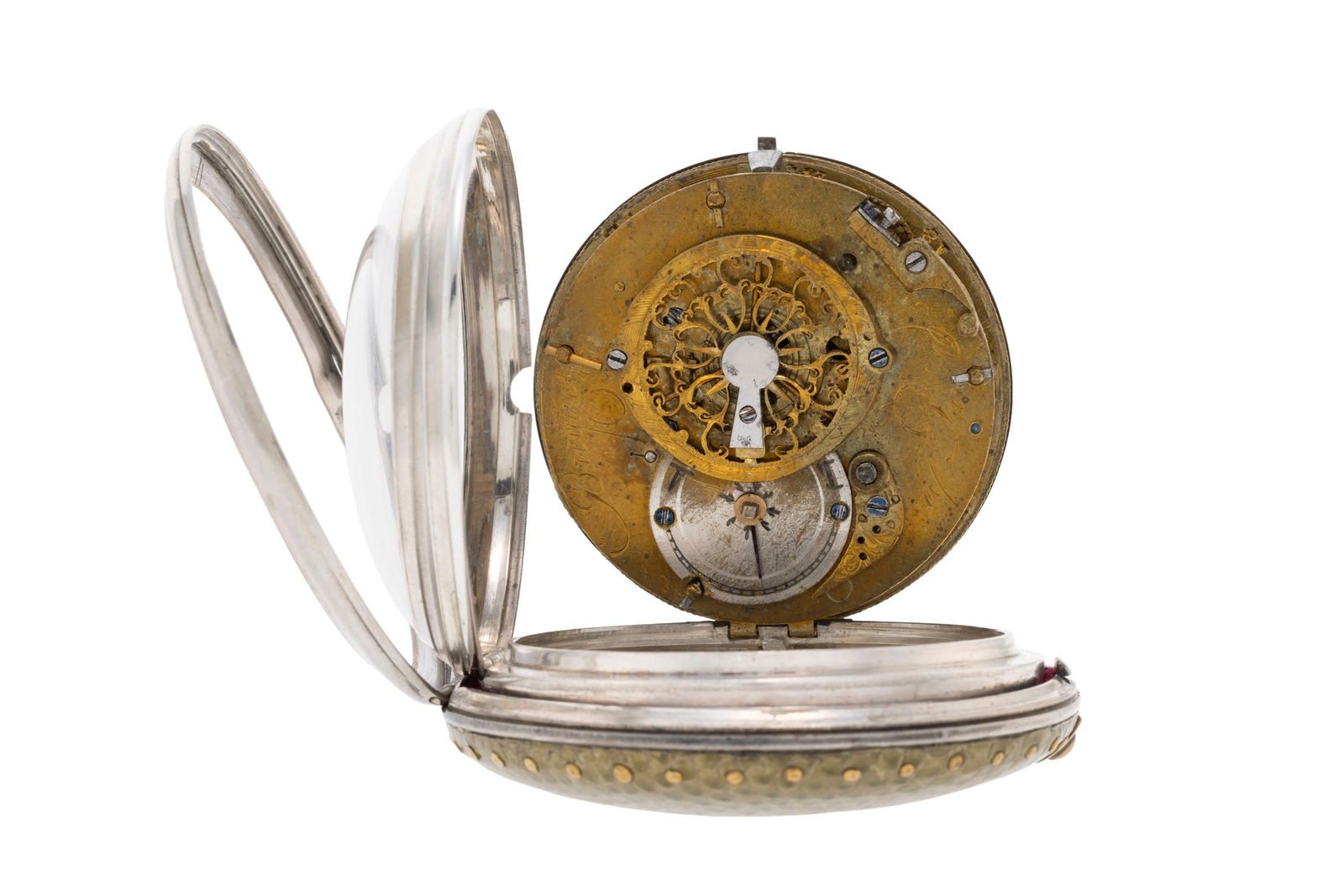 Montre de poche à coq et boîtier de protection en argent gainé de croco vert Mouvem - 4