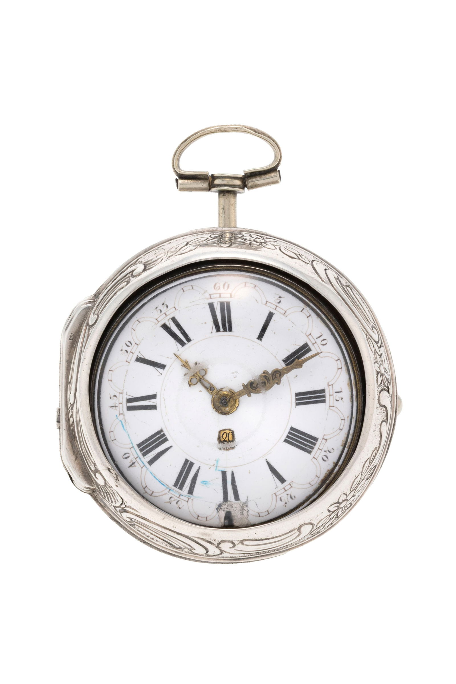 Girard Amsterdam, montre de poche à coq en argent avec indication de la date, boîtier de p: Girard Amsterdam, montre de poche à coq en argent avec indication de la date, boîtier de protection en argent repoussé décoré d'une scène, début XVIIIe s. Mouvement: