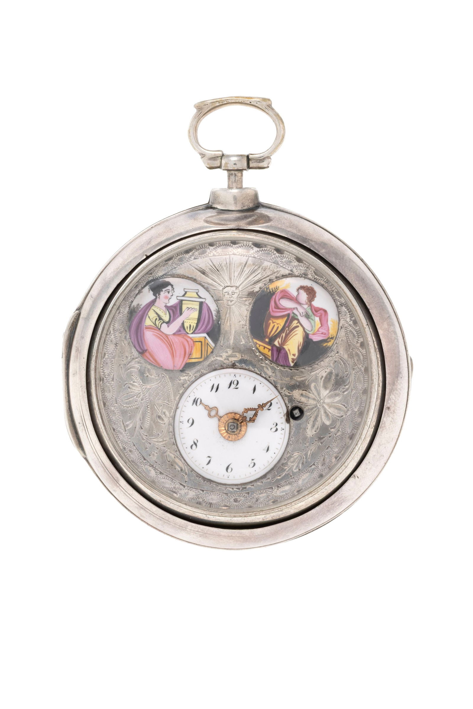 Montre de poche à coq et boîtier de protection en argent, le cadran orné de deux pein: Montre de poche à coq et boîtier de protection en argent, le cadran orné de deux peintures sur émail, début XIXe s. Mouvement: mécanique Boîtier: diam. 52 mm