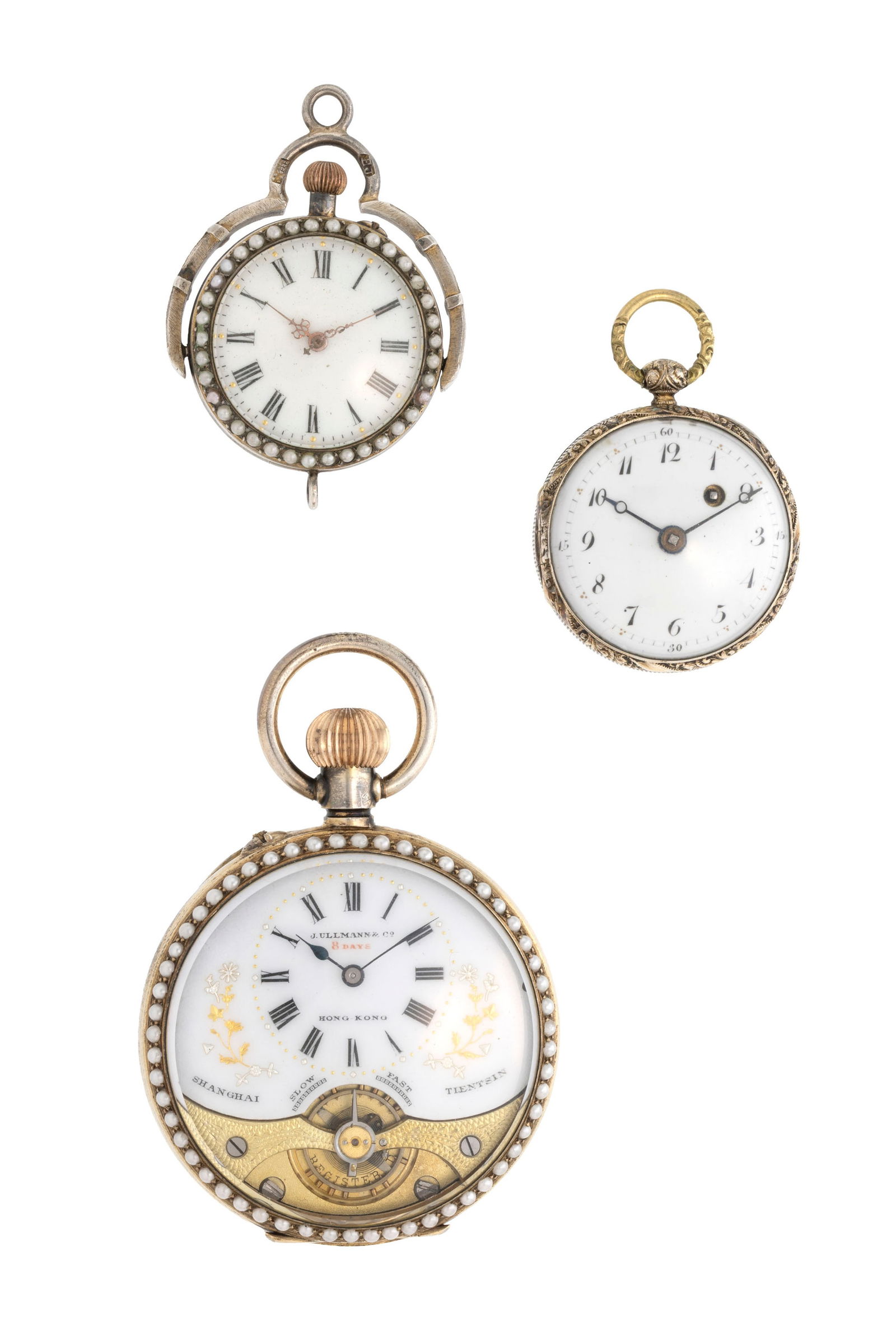 Lot de 3 montres de poche en argent et laiton, 2 ornées de demi perles et émail, 1 sign (1 of 3)