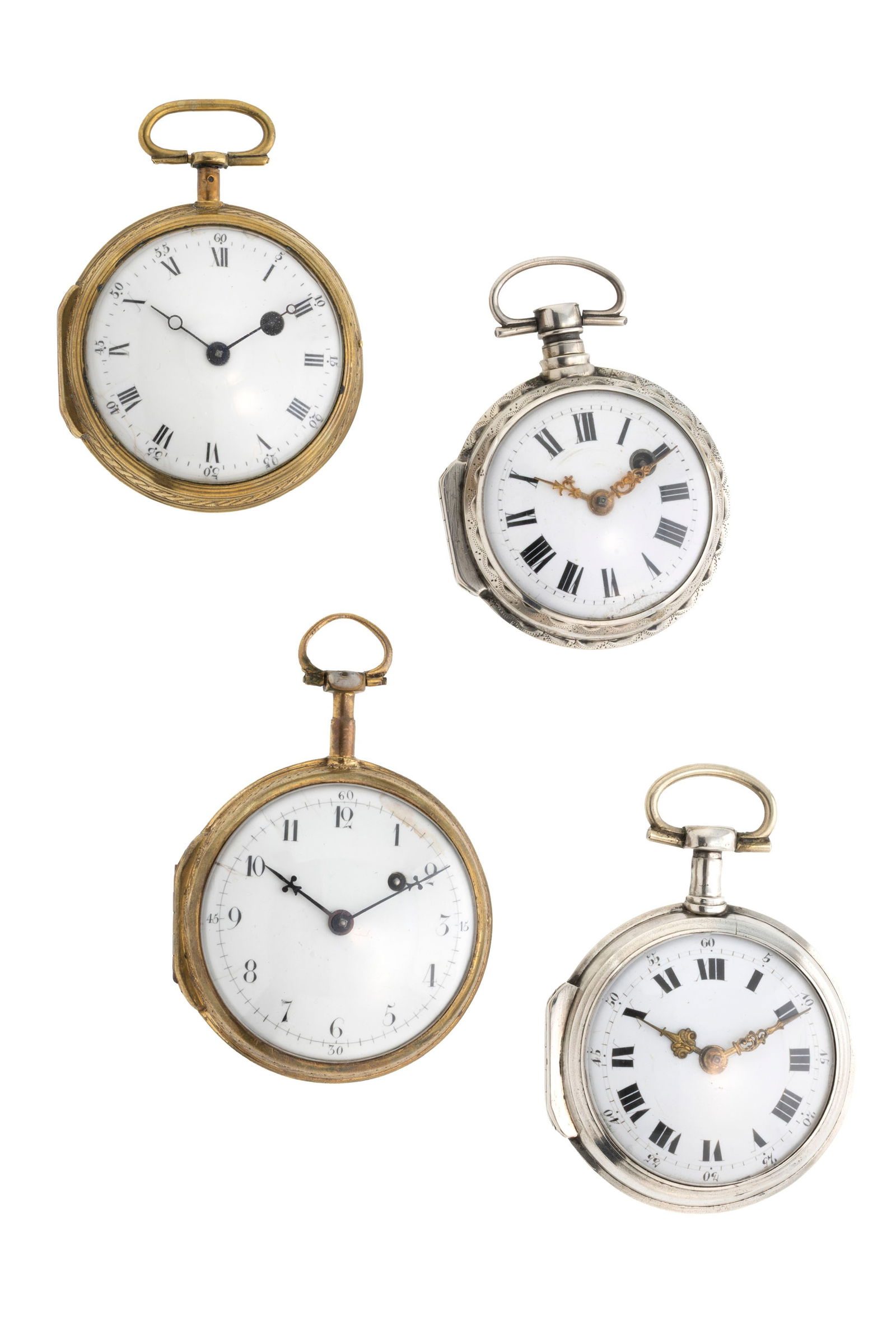 Lot de 4 montres de poche à coq respectivement en argent et laiton, 2 ornées de peinture s: Lot de 4 montres de poche à coq respectivement en argent et laiton, 2 ornées de peinture sur émail, 1 signée Bordier à Genève sur le mouvement, fin XVIIIe, début XIX