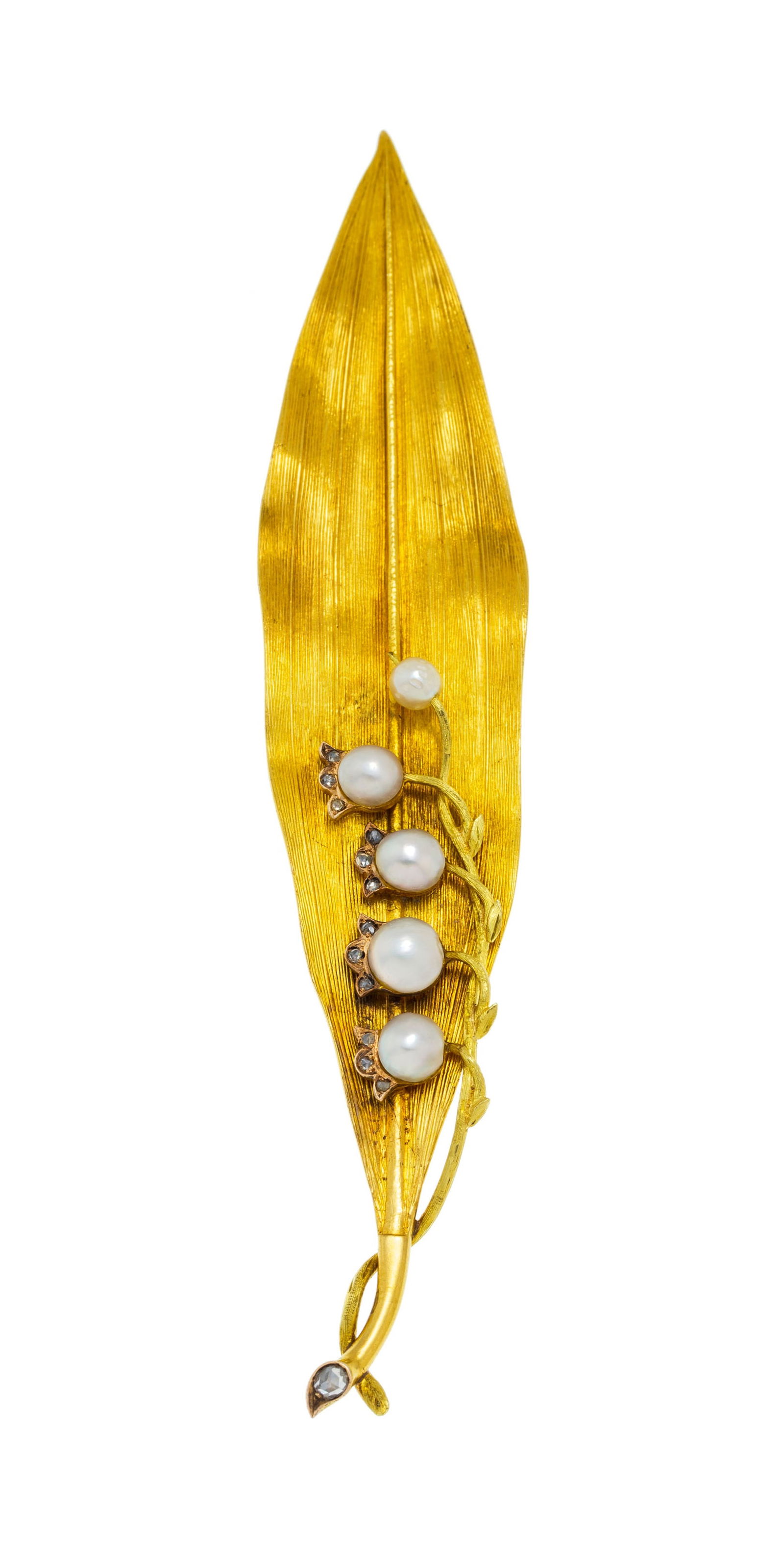 Pince à document XIXe s., en or 56 Kokoshnik figurant une branche de muguet sur une feuille ser: Pince à document XIXe s., en or 56 Kokoshnik figurant une branche de muguet sur une feuille sertie de demi perles et diamants, h. 10.5 cm, 16g 