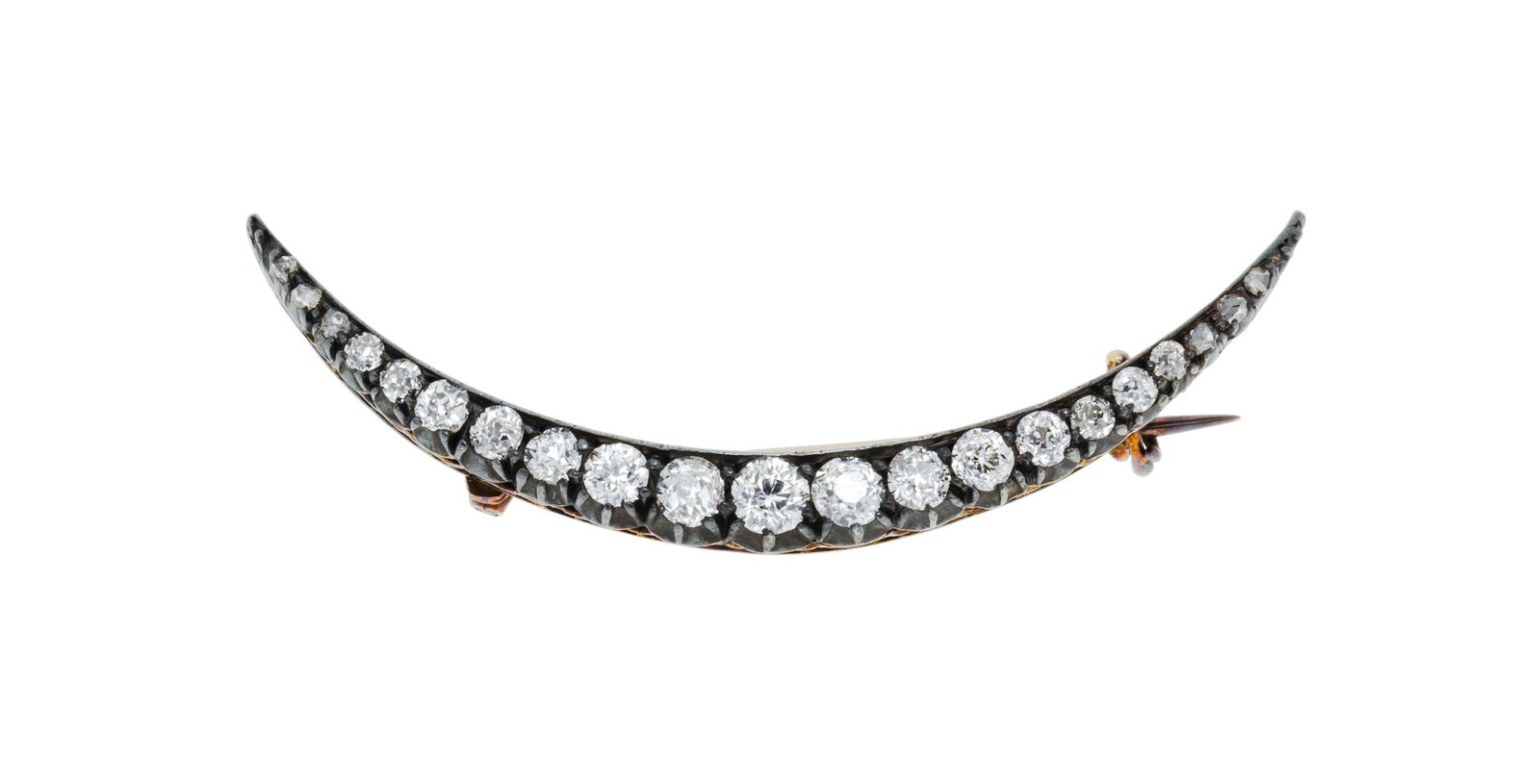 Broche croissant XIXe s., or et argent serti de diamants taille ancienne, h. 4.6 cm: Broche croissant XIXe s., or et argent serti de diamants taille ancienne, h. 4.6 cm ConditionBon état de conservation général pour un bijoux d'époque. 