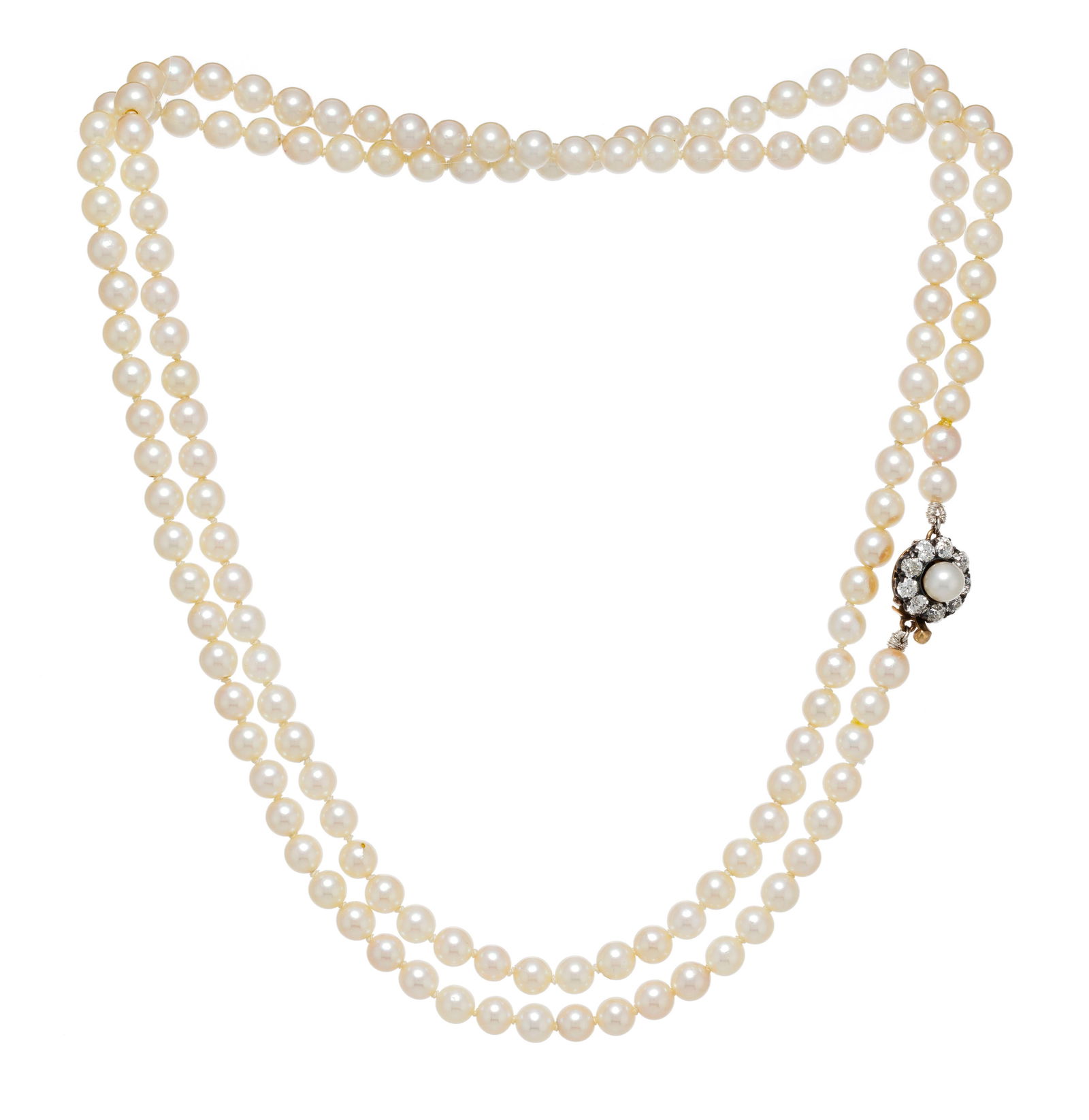 Collier 1 rang de perles de culture blanches, fermoir XIXe s. en or et argent serti de diamants tail (1 of 5)