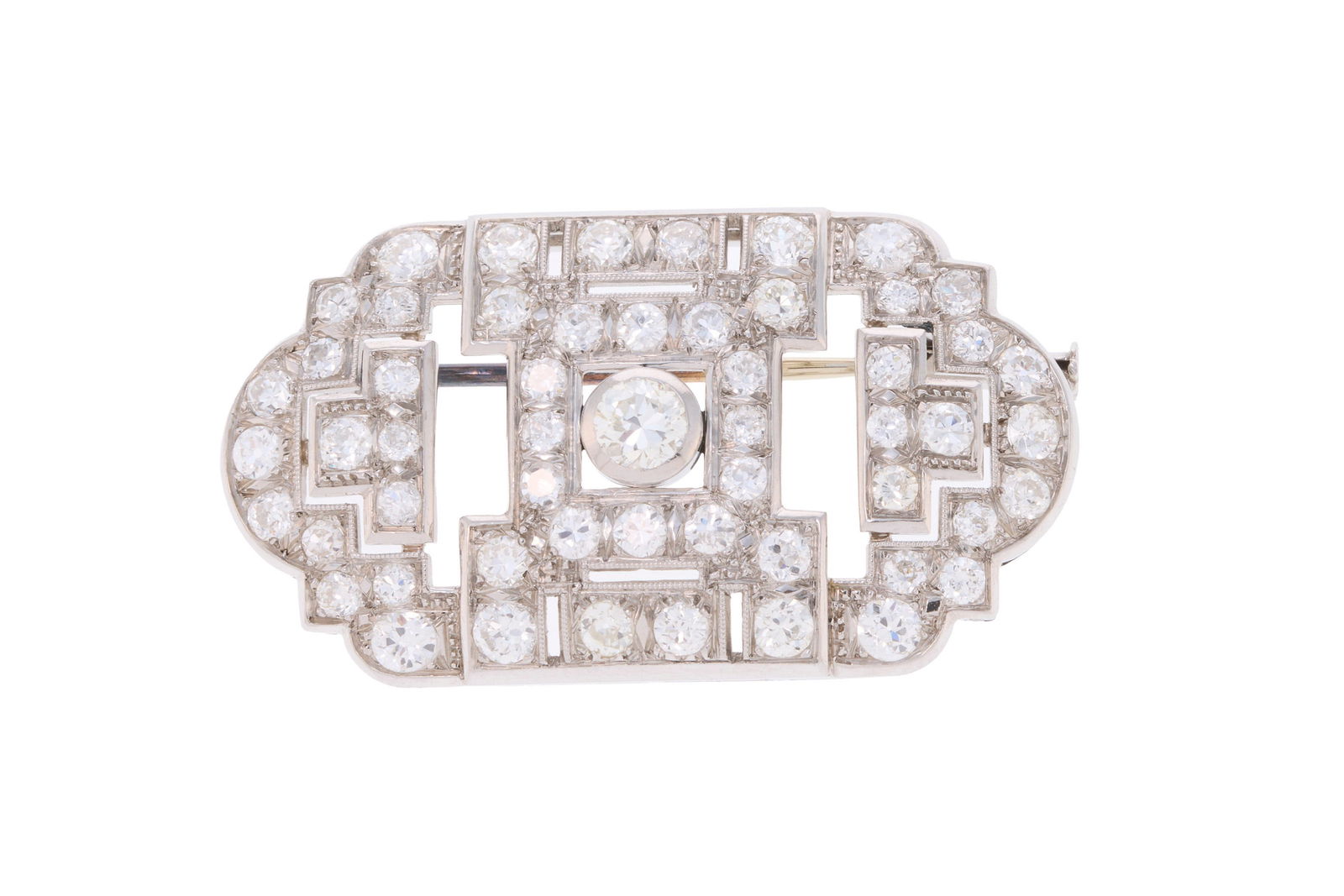 Broche Art Déco platine ajouré et or gris 750 sertie de diamants taille ancienne et interm (1 of 4)