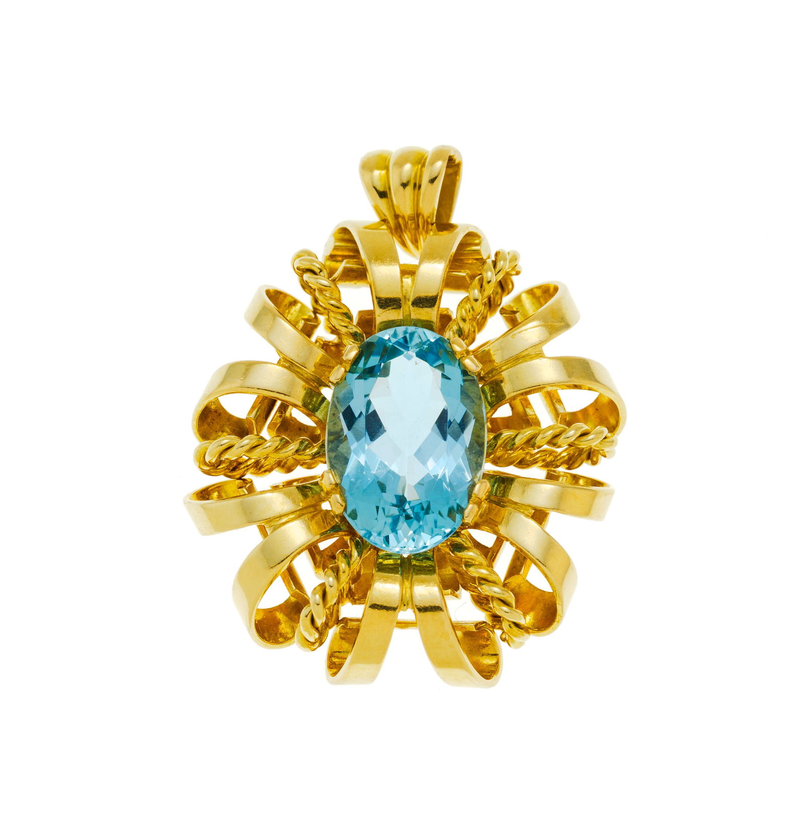 Pendentif or 750 à motif de rubans et de fils torsadés serti en son centre d'une aigue-mar: Pendentif or 750 à motif de rubans et de fils torsadés serti en son centre d'une aigue-marine taille ovale, h. 3.3 cm, 11g 
