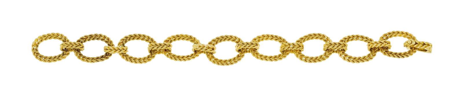 Bracelet or 750 tressé formé de maillons ovales, long. 20 cm, 33g: Bracelet or 750 tressé formé de maillons ovales, long. 20 cm, 33g ConditionBon état de conservation général. Présence de rayures et micro rayures d'usage normal. 
