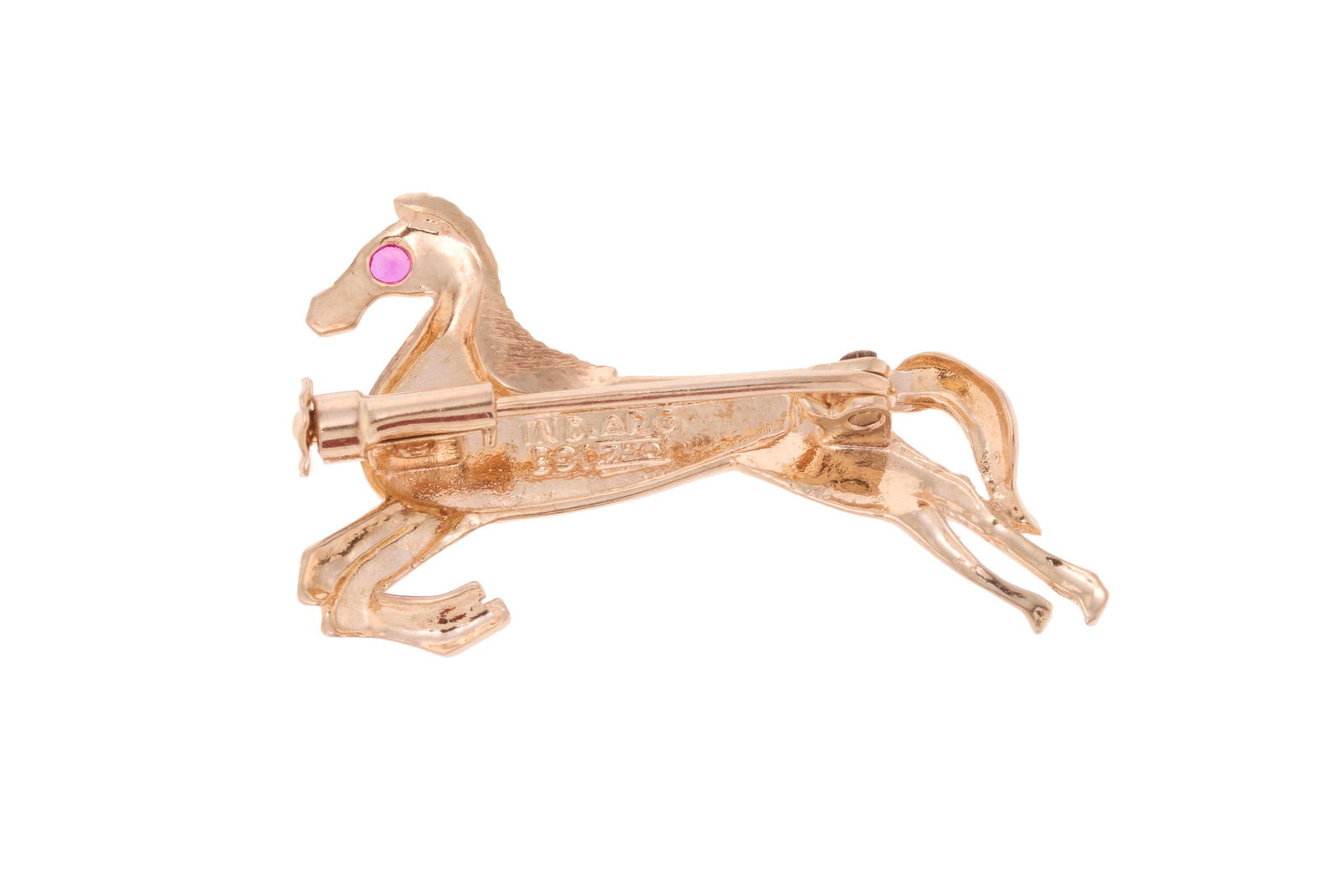 Broche cheval années 1940-50 en or rose 750, l'œil serti d'un rubis synthétique, long - 3