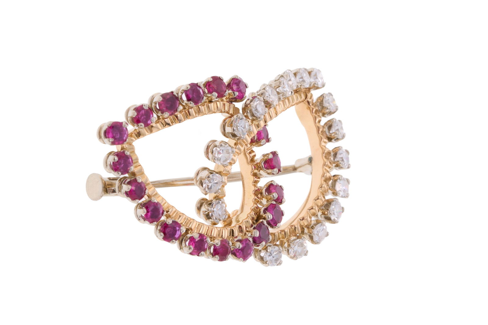 Broche années 1940-50 2 ors 750 formée de deux éléments piriformes sertis de rub - 2