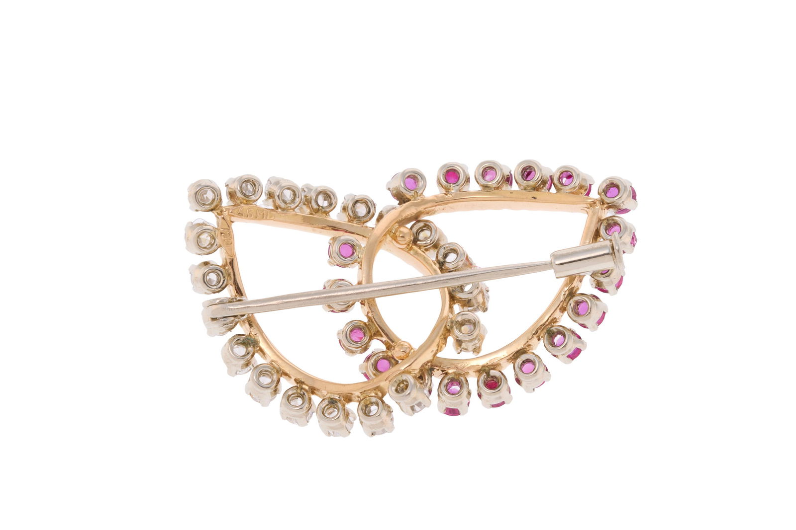 Broche années 1940-50 2 ors 750 formée de deux éléments piriformes sertis de rub - 3