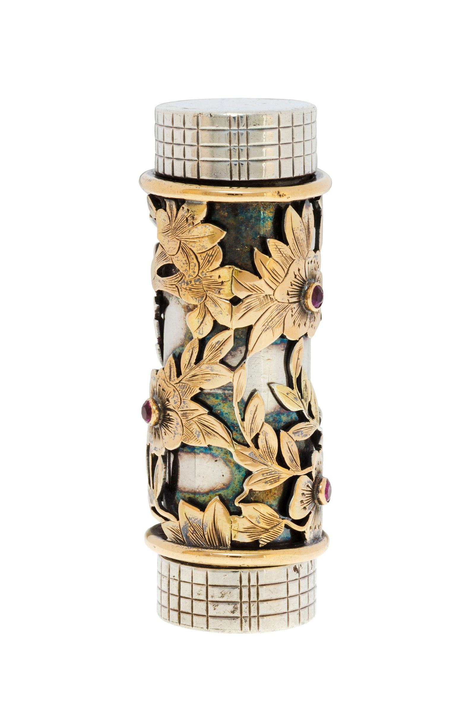 Boucheron, étui à rouge à lèvres argent et or ajourés à décor v&# (1 of 2)