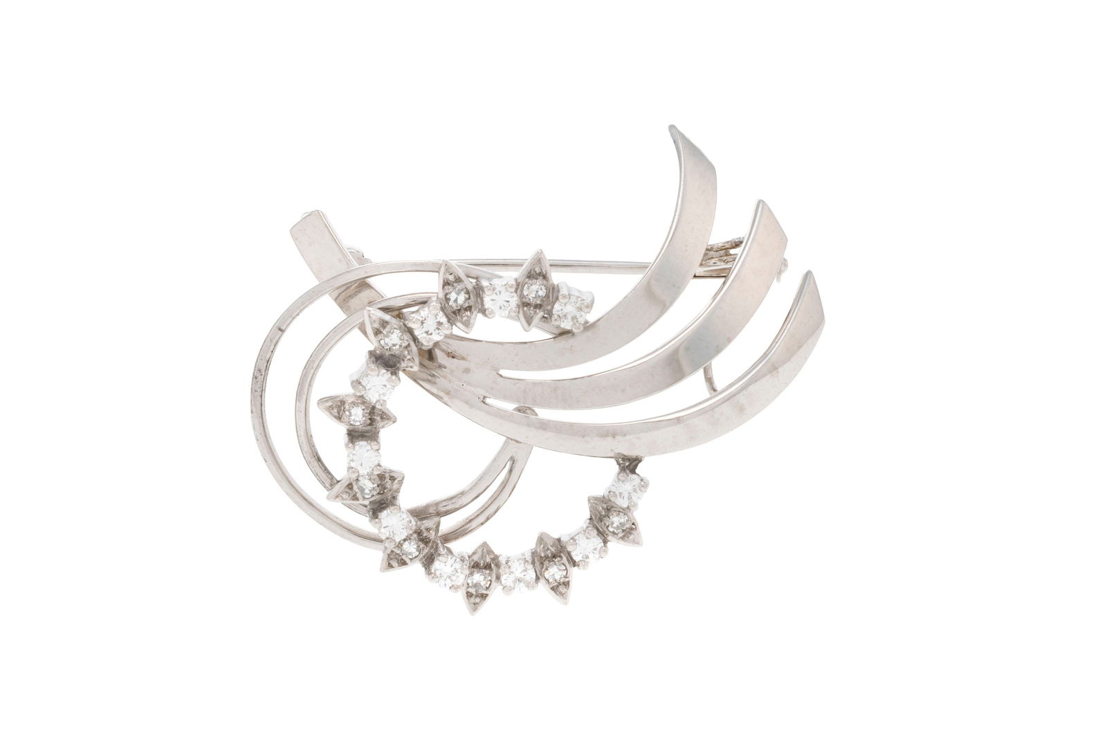 Broche gerbe or gris 585 sertie d'une couronne de diamants taille brillant et 8/8, h. 3.9 cm, 8g (1 of 4)