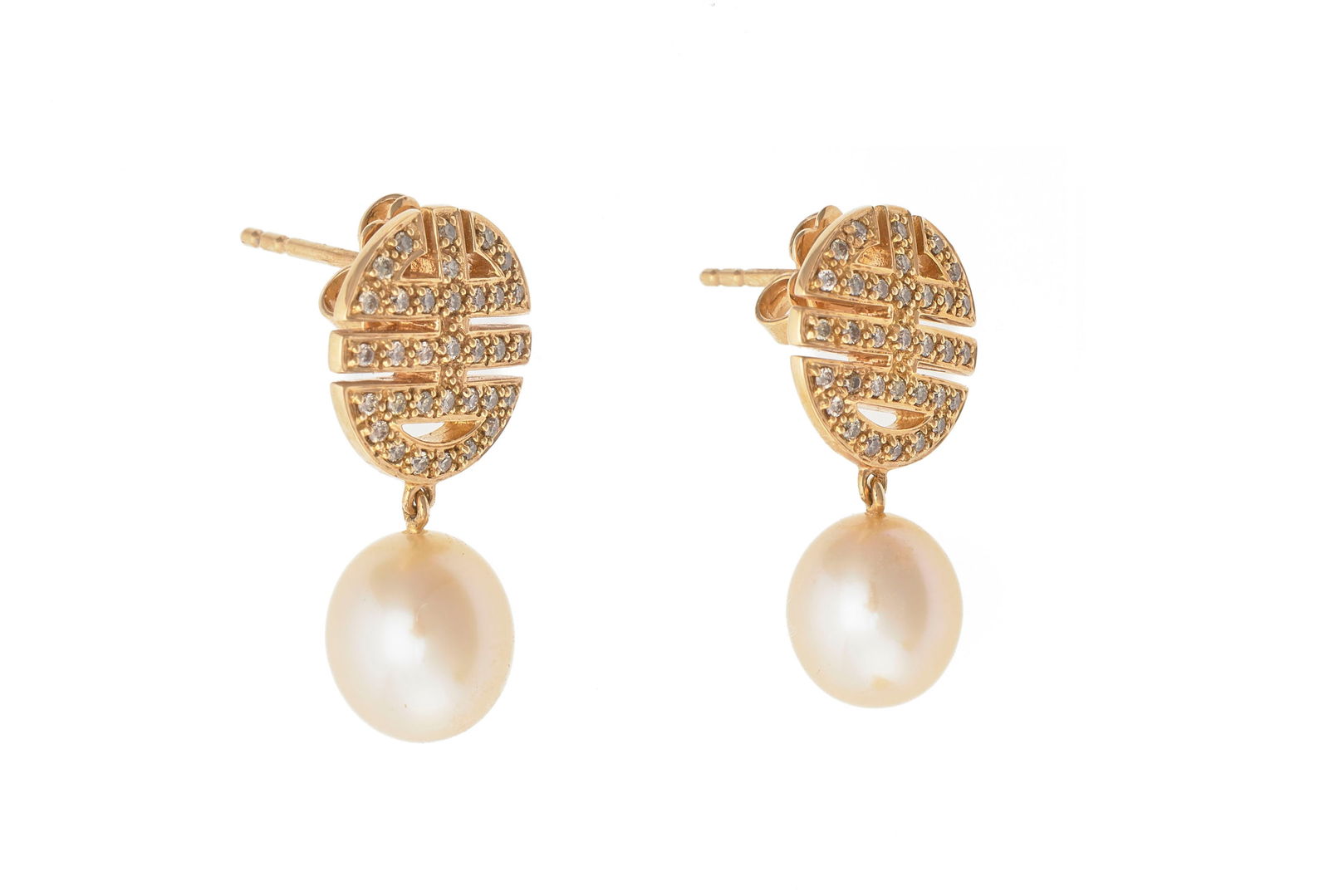 Mimi, paire de pendants d'oreilles or rose 750 stylisant le symbole chinois Shou serti de diamants b - 2