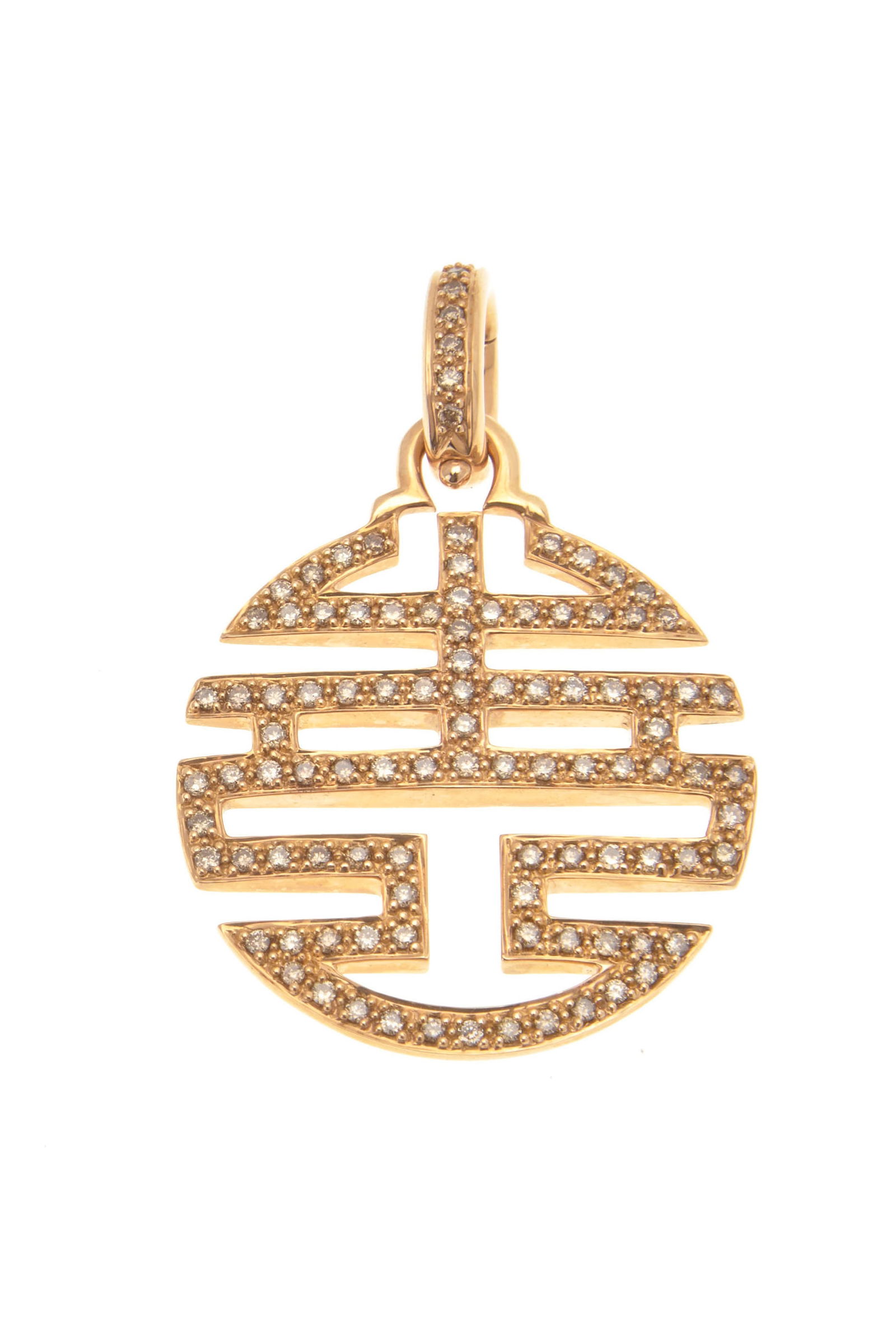 Mimi, pendentif or rose 750 ajouré stylisant le caractère Chinois Shou (longévité: Mimi, pendentif or rose 750 ajouré stylisant le caractère Chinois Shou (longévité) entièrement pavé de diamants bruns taille brillant, h. 3.8 cm, 10g ConditionTrès