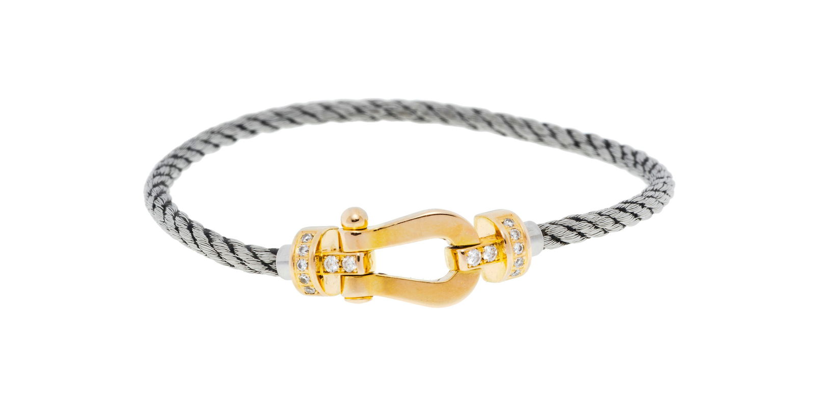 Fred, Force 10, centre de bracelet or rose 750 serti de diamants taille brillant avec ses deux cordo: Fred, Force 10, centre de bracelet or rose 750 serti de diamants taille brillant avec ses deux cordons interchangeables en acier et nylon bleu, signé, numéroté 1103756, 15.5