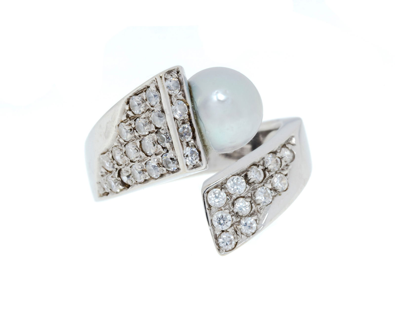 Bague or gris 750 ornée d'une perle de culture et sertie de diamants d'imitation, doigt 52-12, : Bague or gris 750 ornée d'une perle de culture et sertie de diamants d'imitation, doigt 52-12, 9g