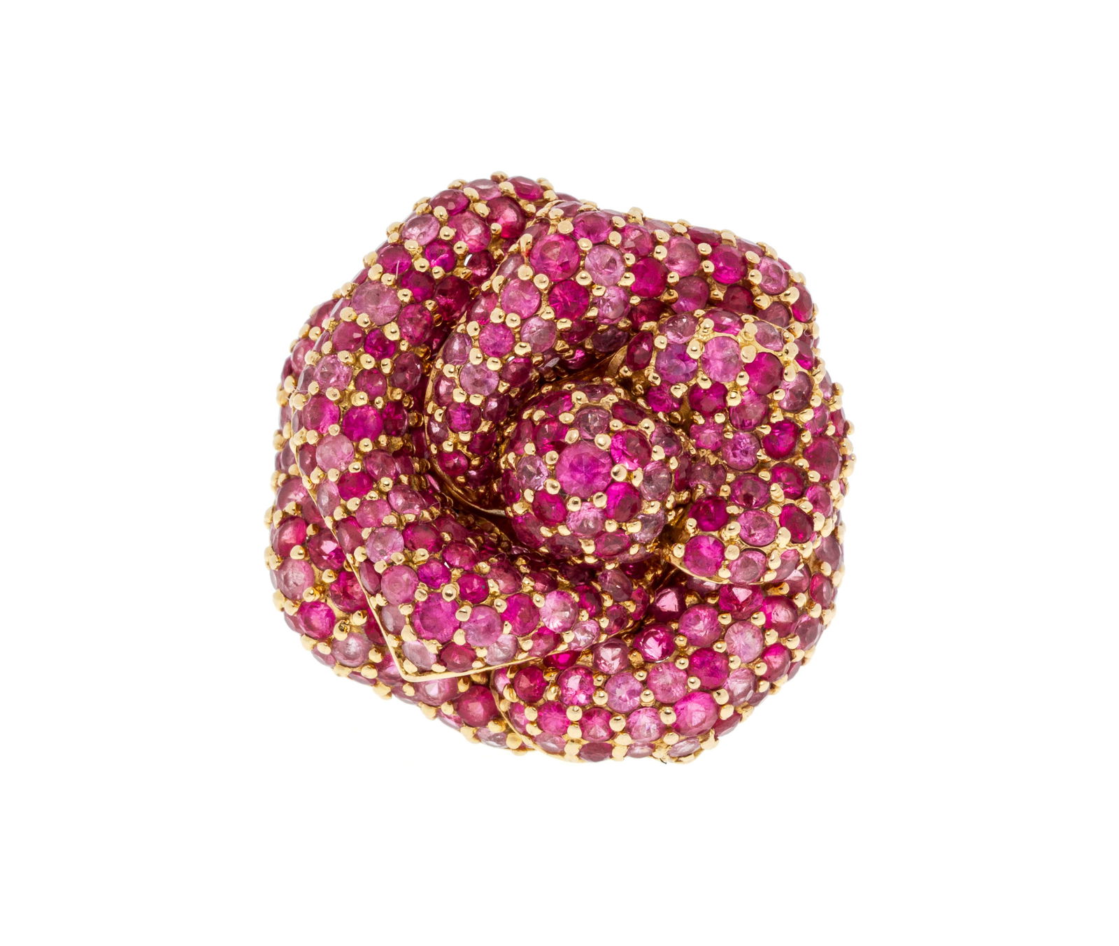 Bague fleur or rose 750 pavée de saphirs roses taille rond, doigt environ 47-7, 10g: Bague fleur or rose 750 pavée de saphirs roses taille rond, doigt environ 47-7, 10g ConditionBon état de conservation général. Présence de micro rayures d'usage normal à