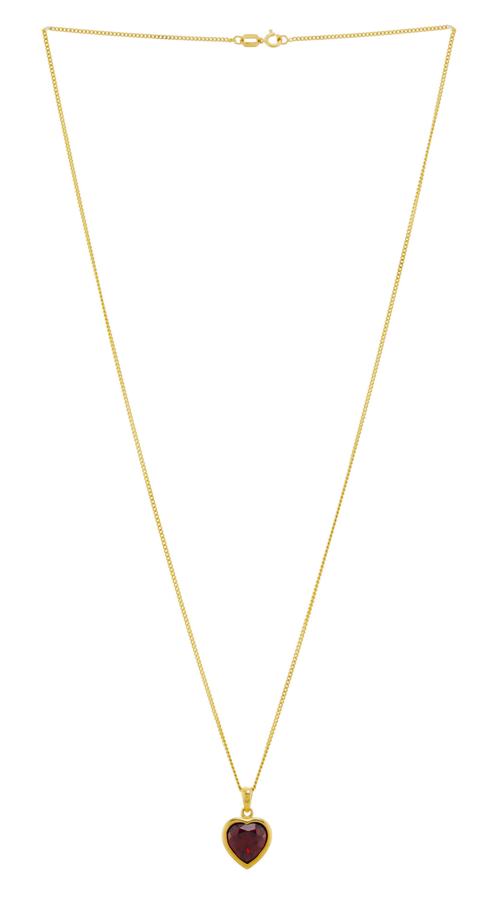 Pendentif or 750 serti d'un grenat taille cœur sur sa chaîne or 750 à maille gourmett: Pendentif or 750 serti d'un grenat taille cœur sur sa chaîne or 750 à maille gourmette, h. pendentif 2 cm, long. chaîne 49.5 cm Condition Bon état de conservation gén