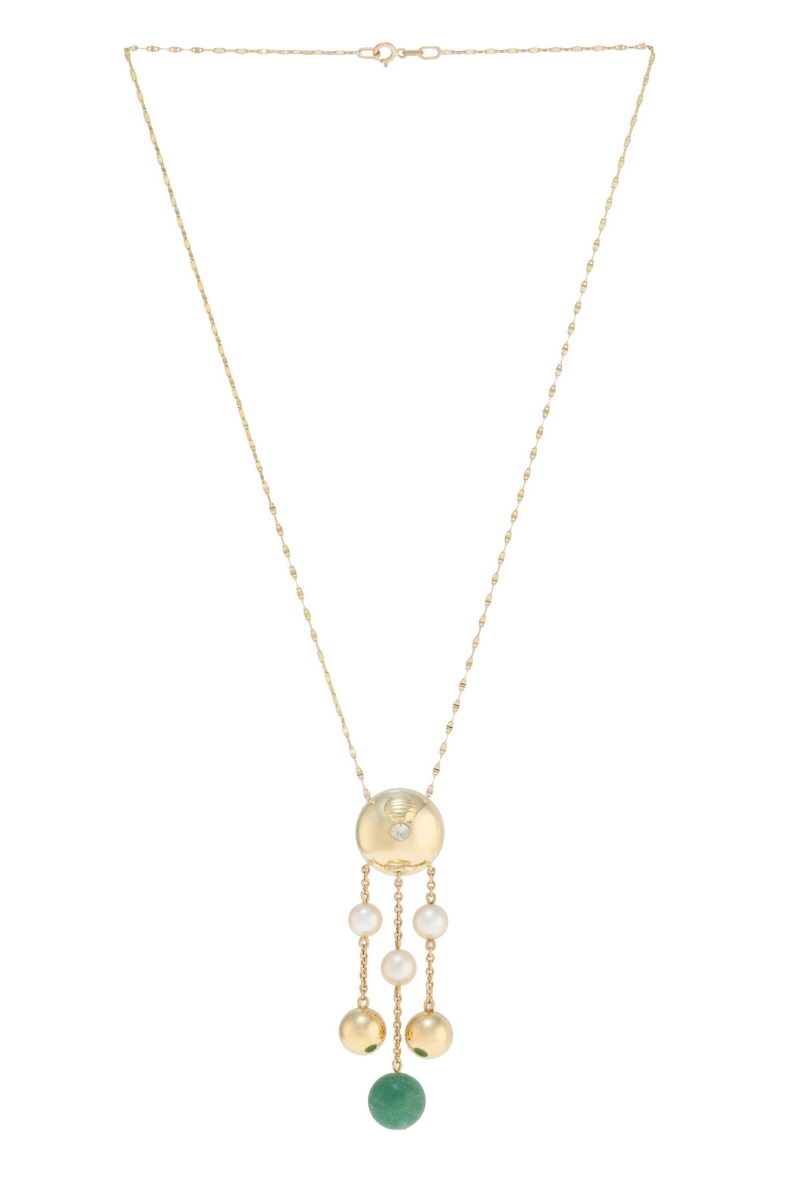 Collier or 750 à motif coupole serti d'un diamant taille ancienne retenant en cascade des perle: Collier or 750 à motif coupole serti d'un diamant taille ancienne retenant en cascade des perles de culture, des boules or et une bille de quartz aventurine sur une chaîne à maille fant