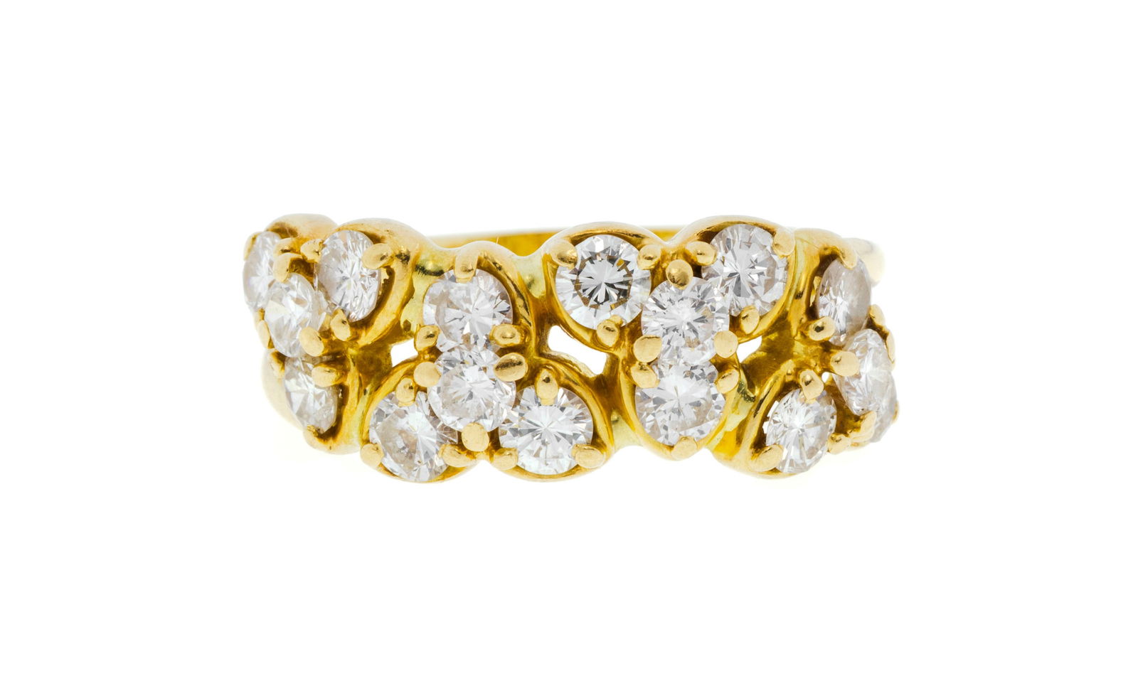 Bague or 750 ornée d'une suite de fleurettes serties de diamants taille brillant, doigt 57-17, : Bague or 750 ornée d'une suite de fleurettes serties de diamants taille brillant, doigt 57-17, 5g ConditionBon état de conservation général. Présence de rayures et micro