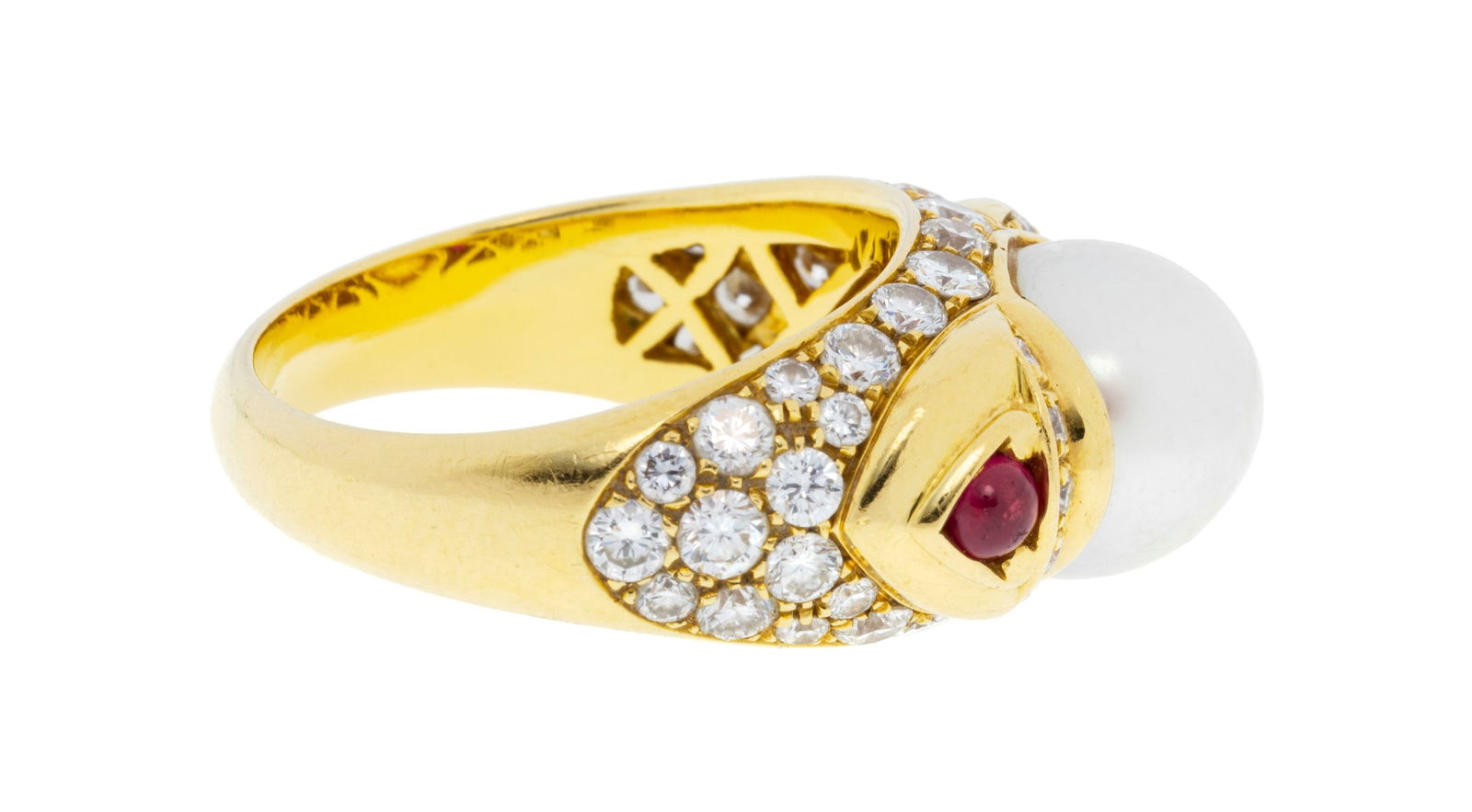 Bucherer, bague or 750 ornée d'une perle de culture blanche épaulée de cabochons de r - 3