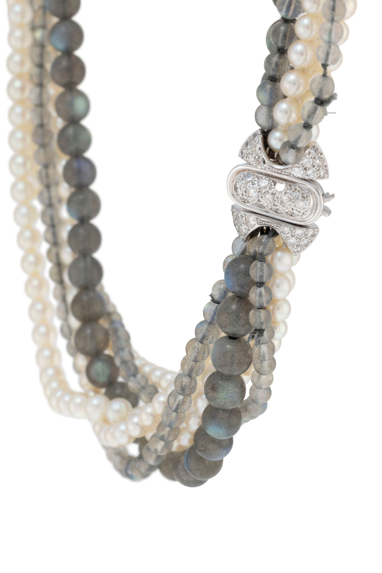 Collier composé de rangs de perles de culture blanches et de billes de labradorite, fermoir en  - 2