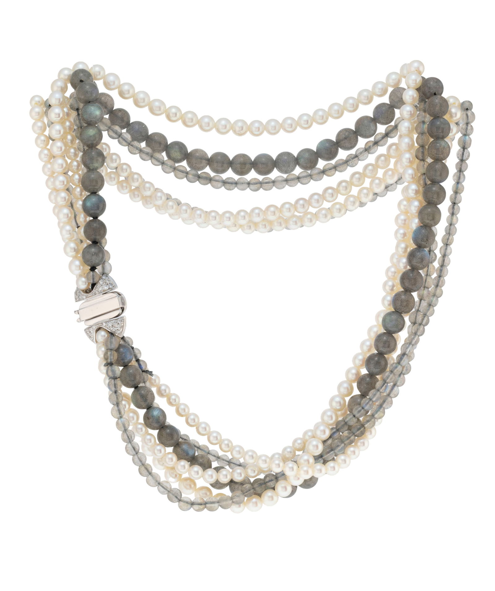 Collier composé de rangs de perles de culture blanches et de billes de labradorite, fermoir en  - 3