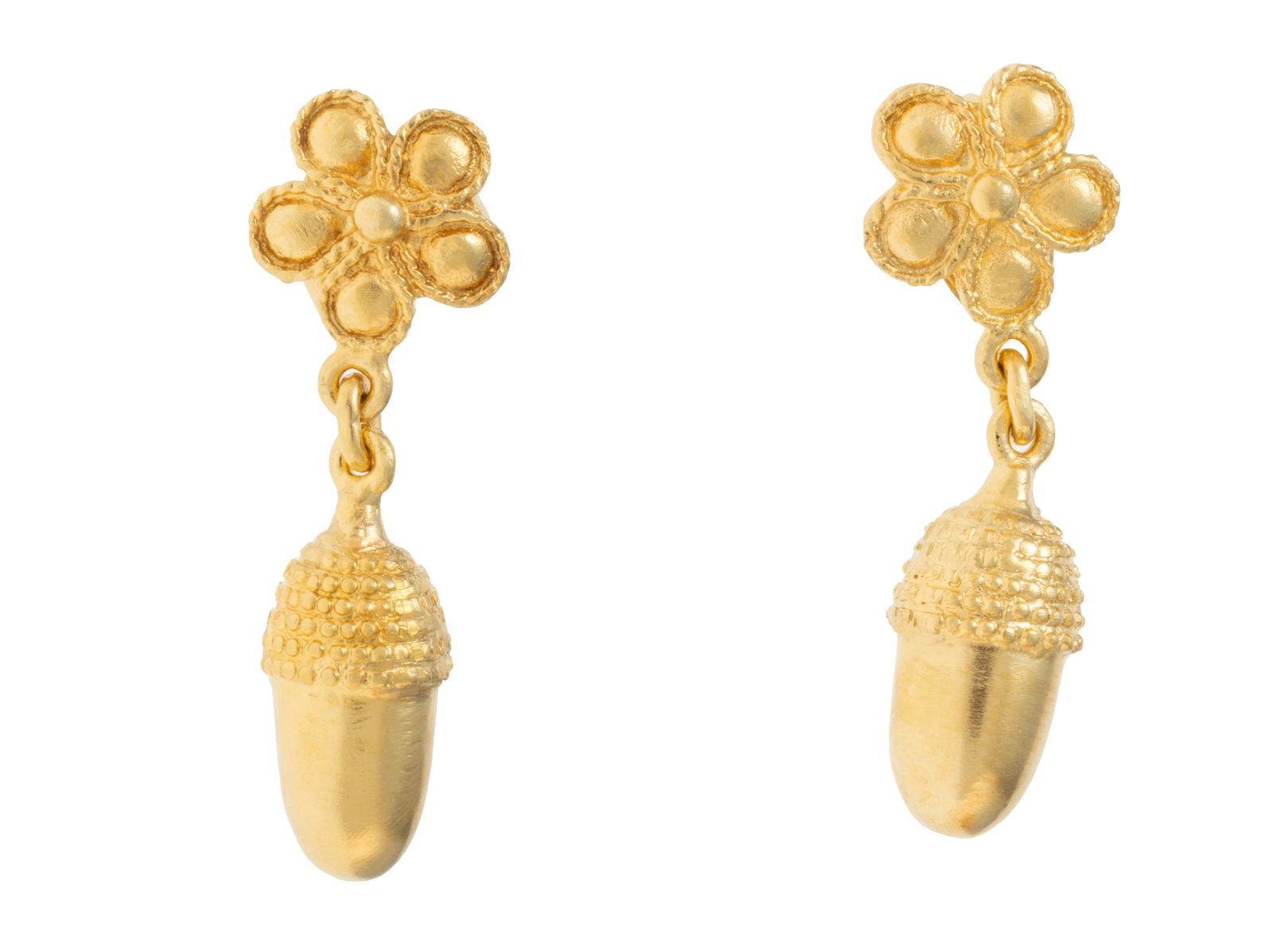 Lalaounis, paire de pendants d’oreilles or 750 retenant des glands, signée, numérot&: Lalaounis, paire de pendants d’oreilles or 750 retenant des glands, signée, numérotée A21, h. 3 cm, 5g, boîte Condition Bon état de conservation général Pr