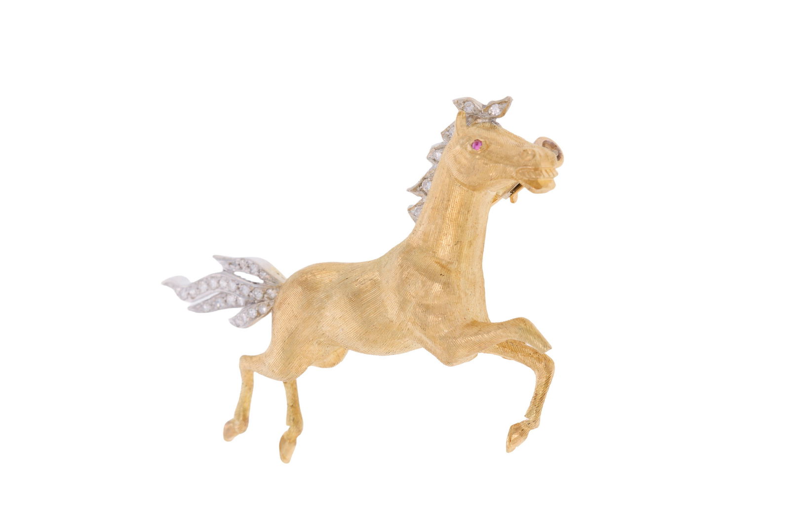 Bucherer, broche cheval 2 ors 750 texturés, la crinière et la queue serties de diamants ta - 2