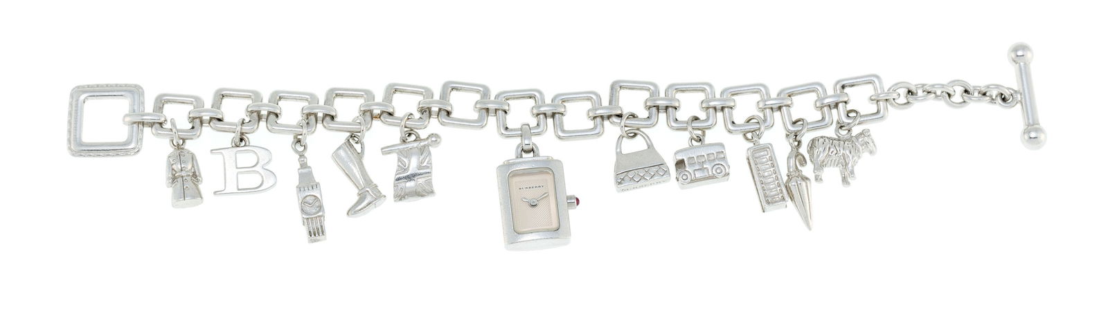 Burberry, bracelet en argent retenant 11 charms dont 1 montre, long. 19 cm Mouvement: cal. Ronda, : Burberry, bracelet en argent retenant 11 charms dont 1 montre, long. 19 cm Mouvement: cal. Ronda, quartz, 7 rubis Boîtier: n°09493, larg. 14 mm Signature: cadran, boîtier, bracelet 