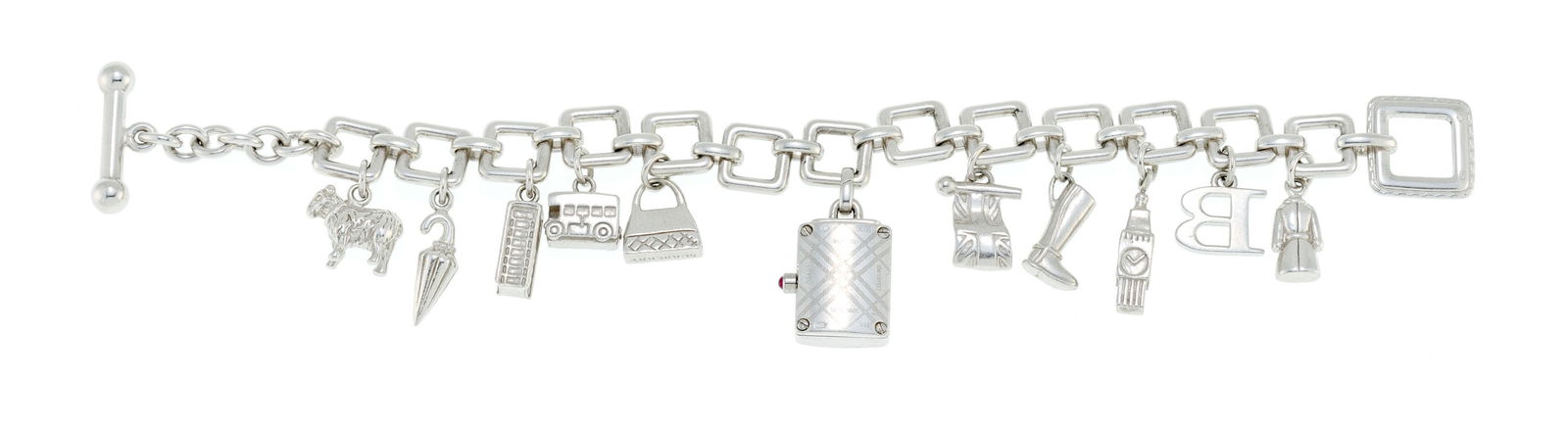 Burberry, bracelet en argent retenant 11 charms dont 1 montre, long. 19 cm Mouvement: cal. Ronda,  - 3