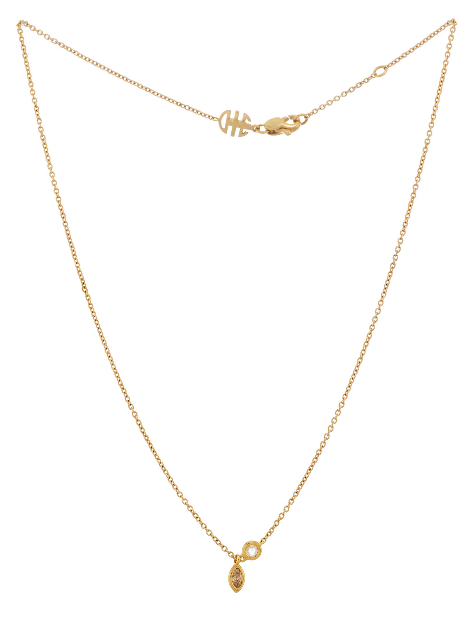 Mimi, collier or rose 750, chaîne à maille forçat alternée d'un diamant taille r: Mimi, collier or rose 750, chaîne à maille forçat alternée d'un diamant taille rose serti lunette et retenant un diamant brun taille marquise, signé, long. 40 cm Condition Bon