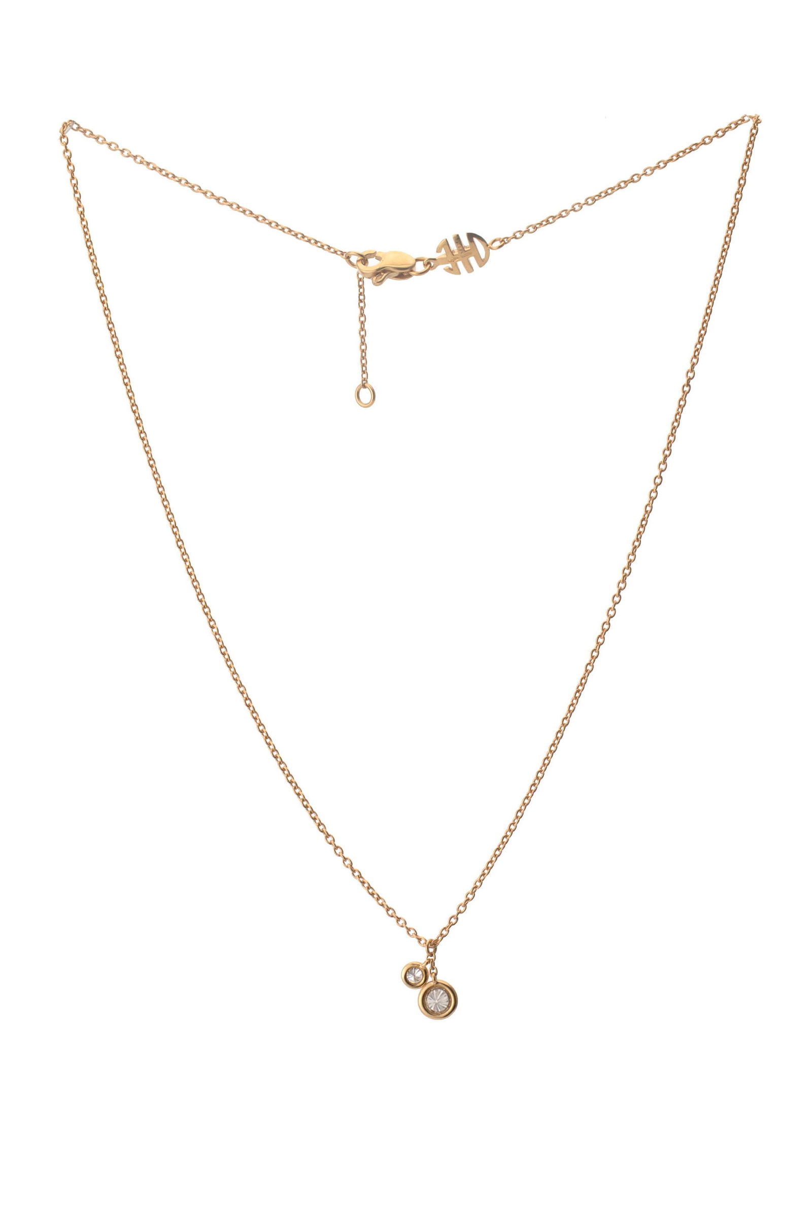 Mimi, collier or rose 750 à maille forçat retenant deux diamants taille brillant, sign: Mimi, collier or rose 750 à maille forçat retenant deux diamants taille brillant, signé, long. 38 ou 40 cm ConditionTrès bon état de conservation général. 