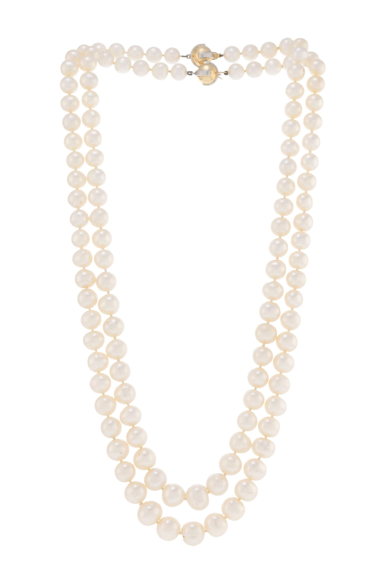 Bucherer, sautoir composé de 2 rangs de perles de culture d'eau douce en chute, fermoirs boules: Bucherer, sautoir composé de 2 rangs de perles de culture d'eau douce en chute, fermoirs boules 2 ors 750, signé, 63 et 59 cm ConditionBon état de conservation général