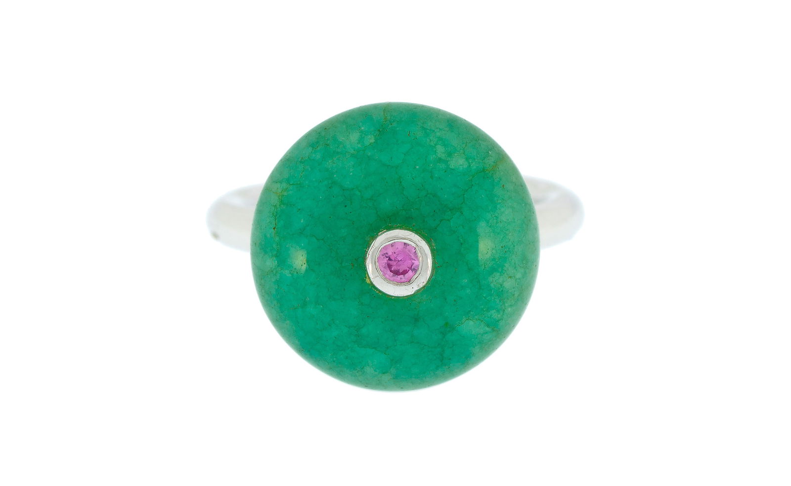 Bague argent sertie d'un cabochon d'émeraude et d'un saphir rose taille rond, signée Diana: Bague argent sertie d'un cabochon d'émeraude et d'un saphir rose taille rond, signée Diana Carmichael, doigt 50-10 