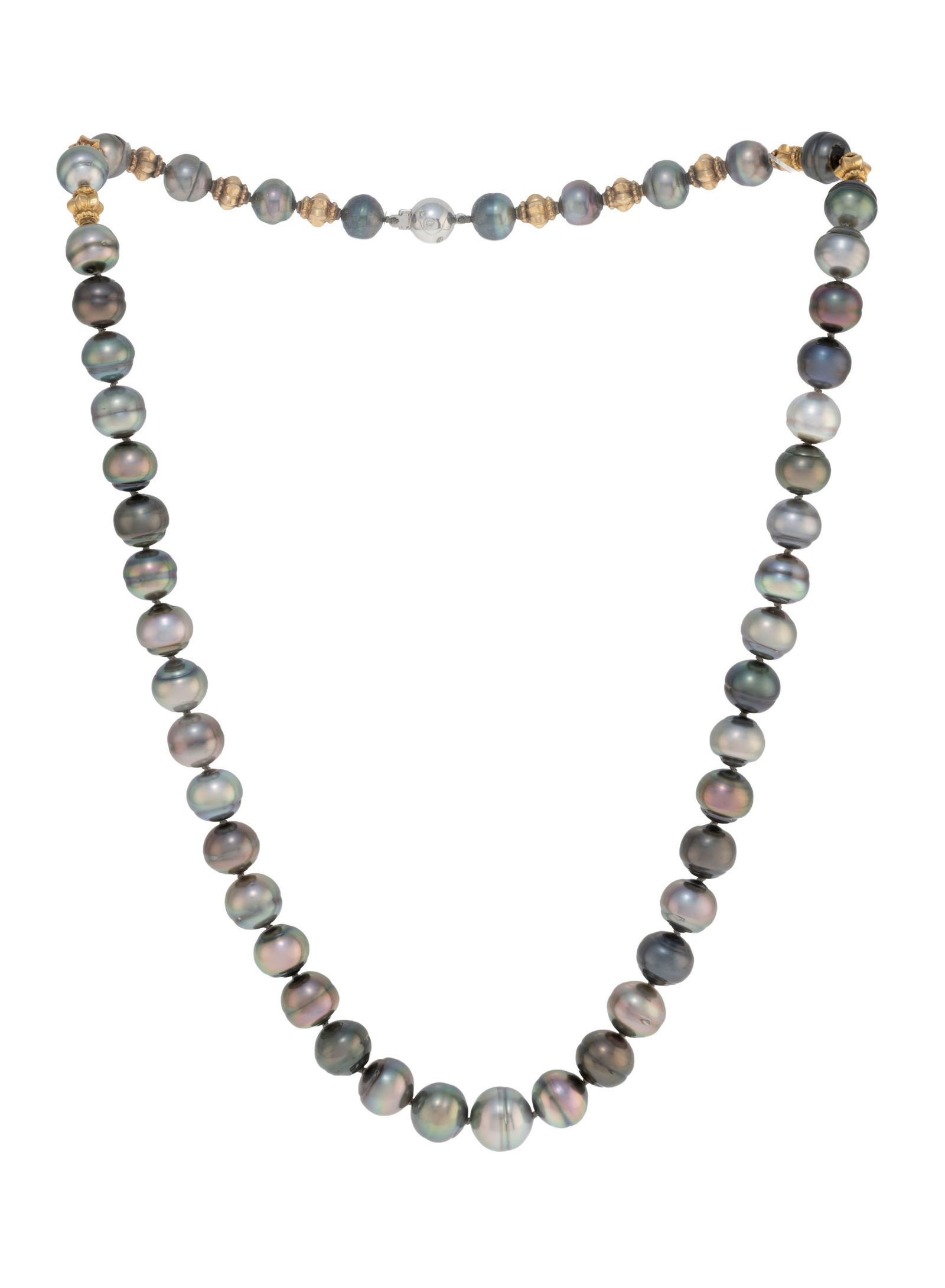 Collier 1 rang de perles de culture cerclées de Tahiti alternées d'éléments en o: Collier 1 rang de perles de culture cerclées de Tahiti alternées d'éléments en or 750, fermoir boule en or gris 750 serti de petits diamants taille brillant, long. 52