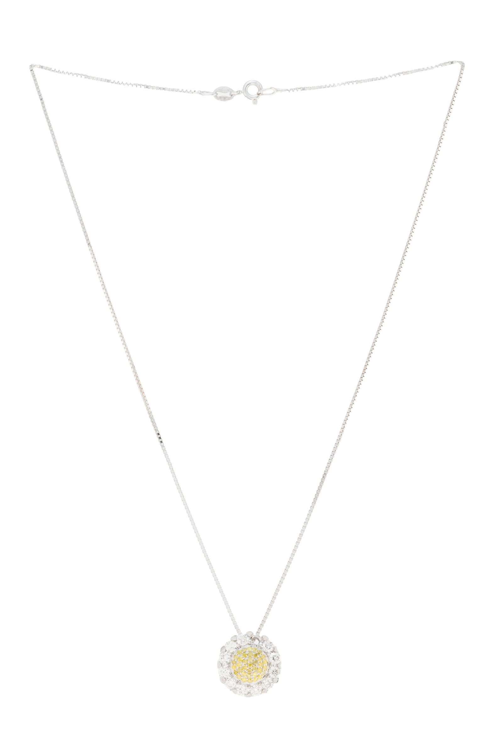 Pendentif or gris 750 pavé de diamants incolores et jaunes taille brillant, sur une chaîne: Pendentif or gris 750 pavé de diamants incolores et jaunes taille brillant, sur une chaîne en or gris 750 à maille vénitienne, h. 1.5 cm, long. 40.5 cm, 5g Condition Très bon