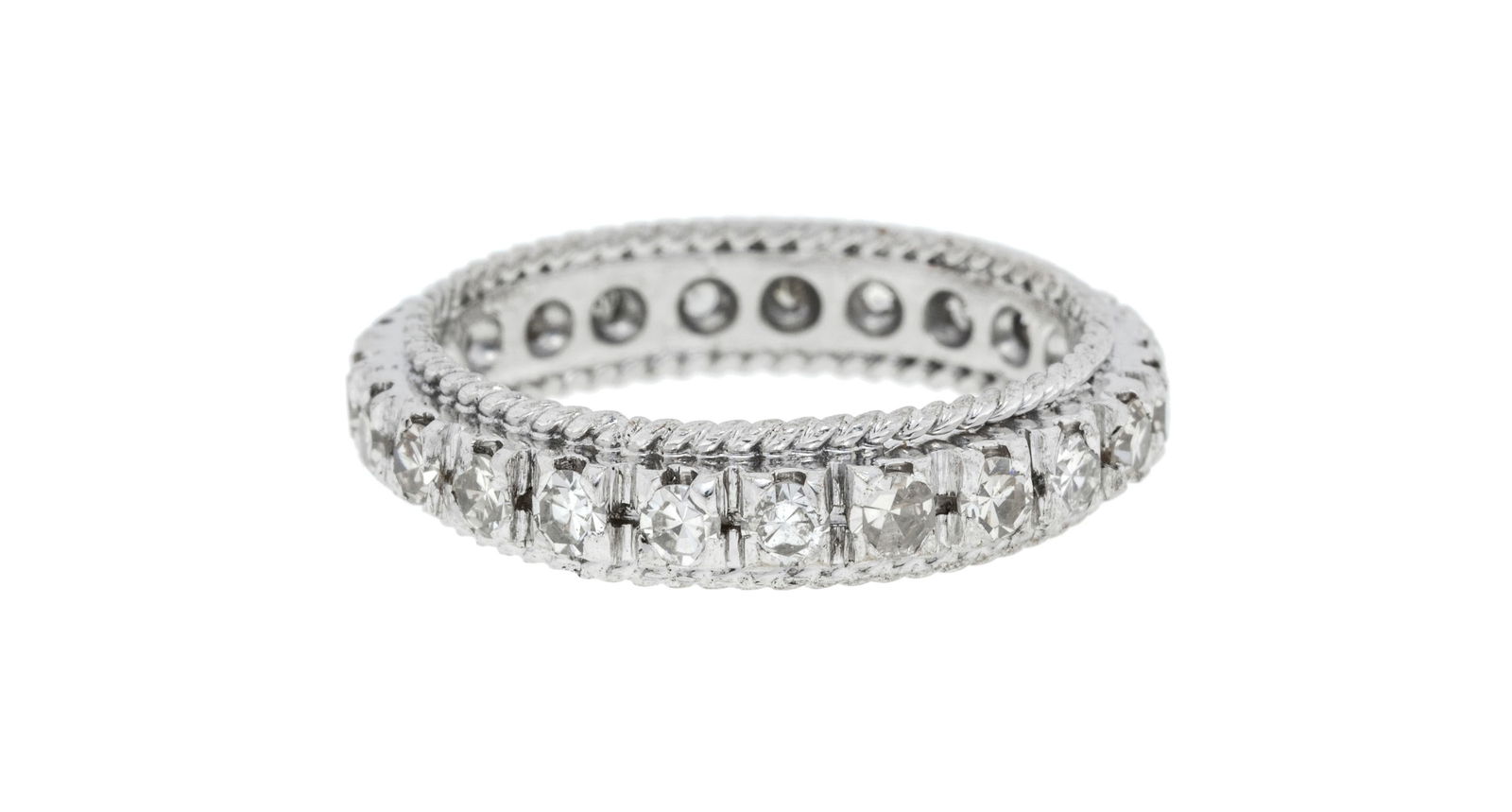 Anneau rivière or gris 585 serti de diamants taille 8/8, doigt 50-10: Anneau rivière or gris 585 serti de diamants taille 8/8, doigt 50-10 ConditionMonture: Bon état, présence de rayures et de micro rayures d'usage normal. Gemmes: Très bon