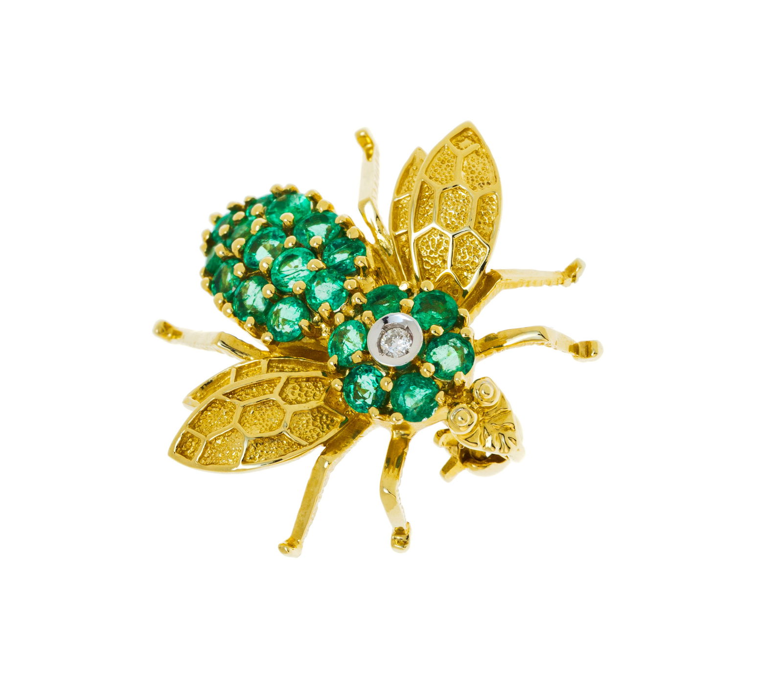 Broche abeille or 585 sertie d'émeraudes et d'un diamant taille brillant, h. 2.1 cm (1 of 4)