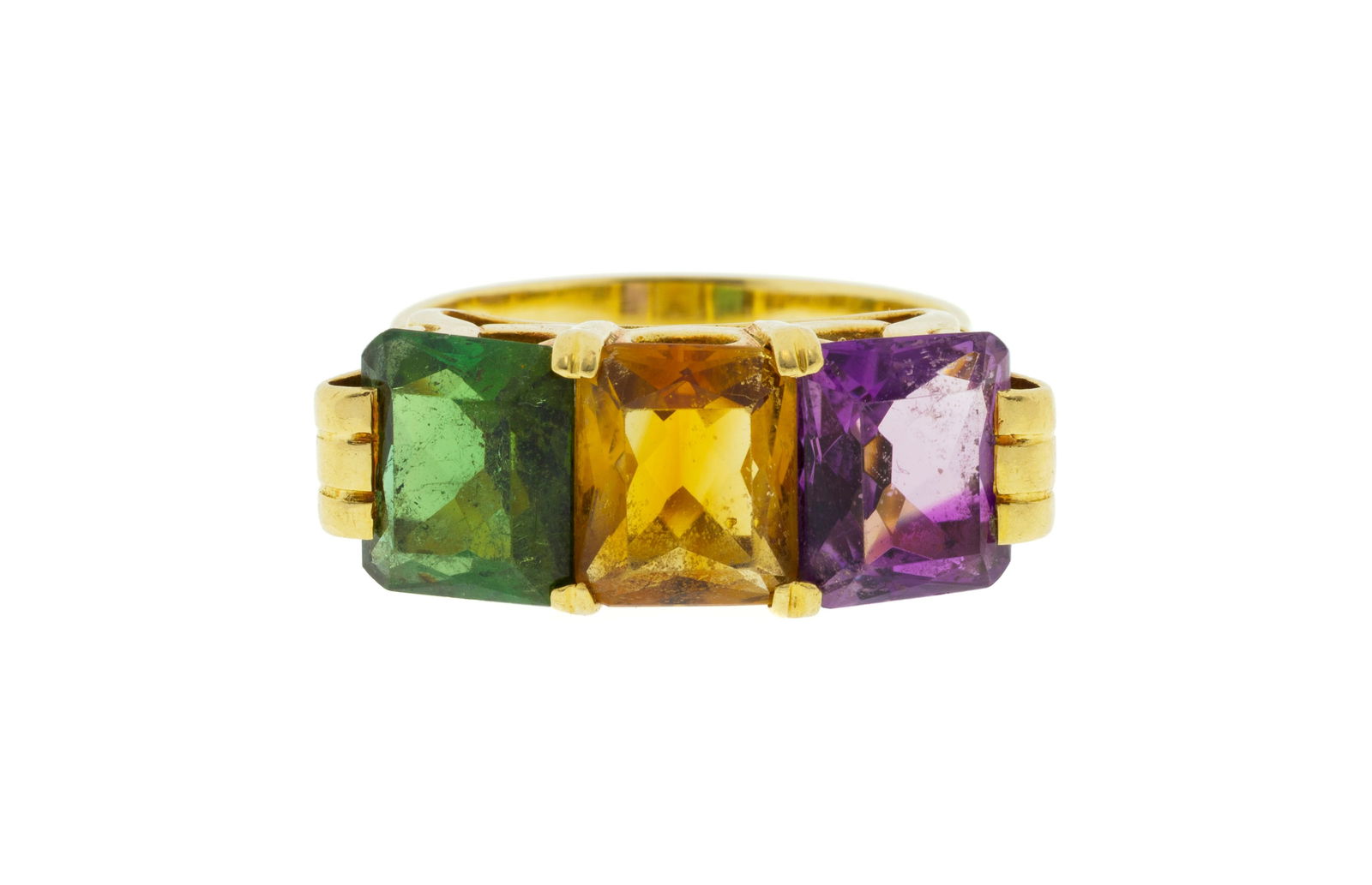 Bague or 750 sertie d'une améthyste, d'une citrine et d'une tourmaline verte, doigt 57-17, 6g: Bague or 750 sertie d'une améthyste, d'une citrine et d'une tourmaline verte, doigt 57-17, 6g ConditionBon état de conservation général. Présence de nombreuses rayures et de