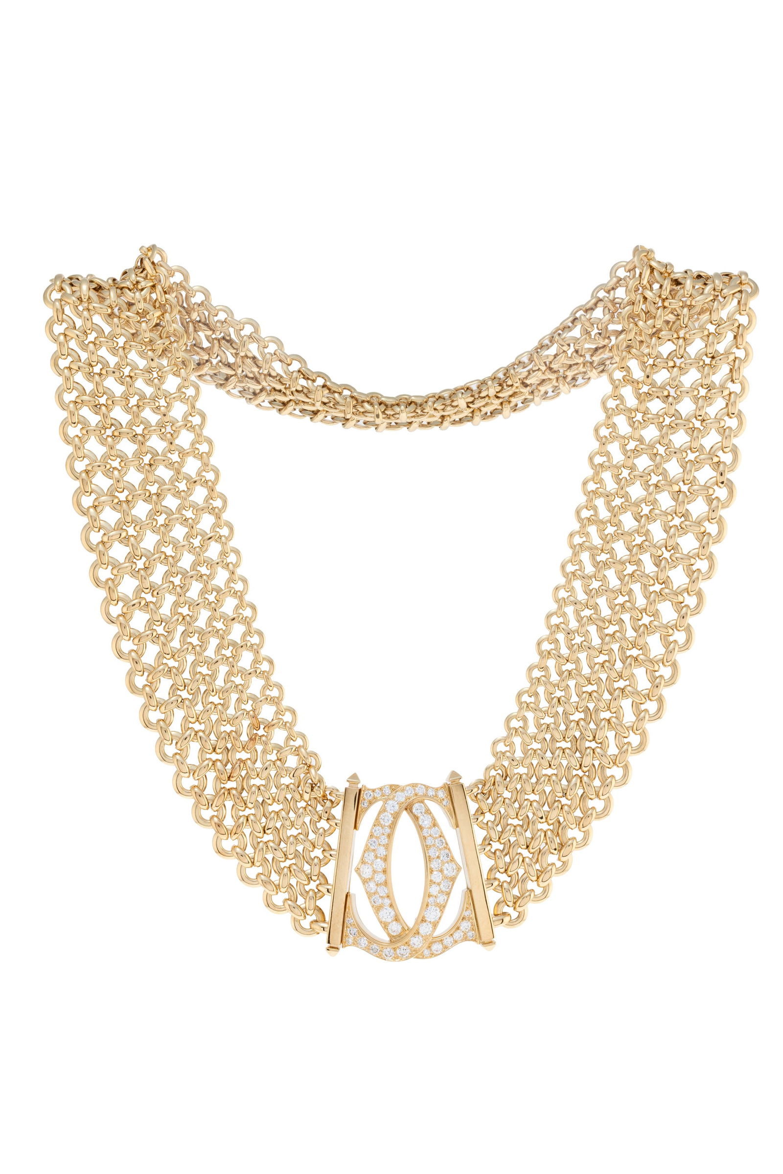 Cartier, Double C, collier or 750, le centre ajouré serti de diamants taille brillant, sign: Cartier, Double C, collier or 750, le centre ajouré serti de diamants taille brillant, signé, numéroté 806697, long. 39 cm, 206g, boîte Cartier, Double C, 750 gold neck