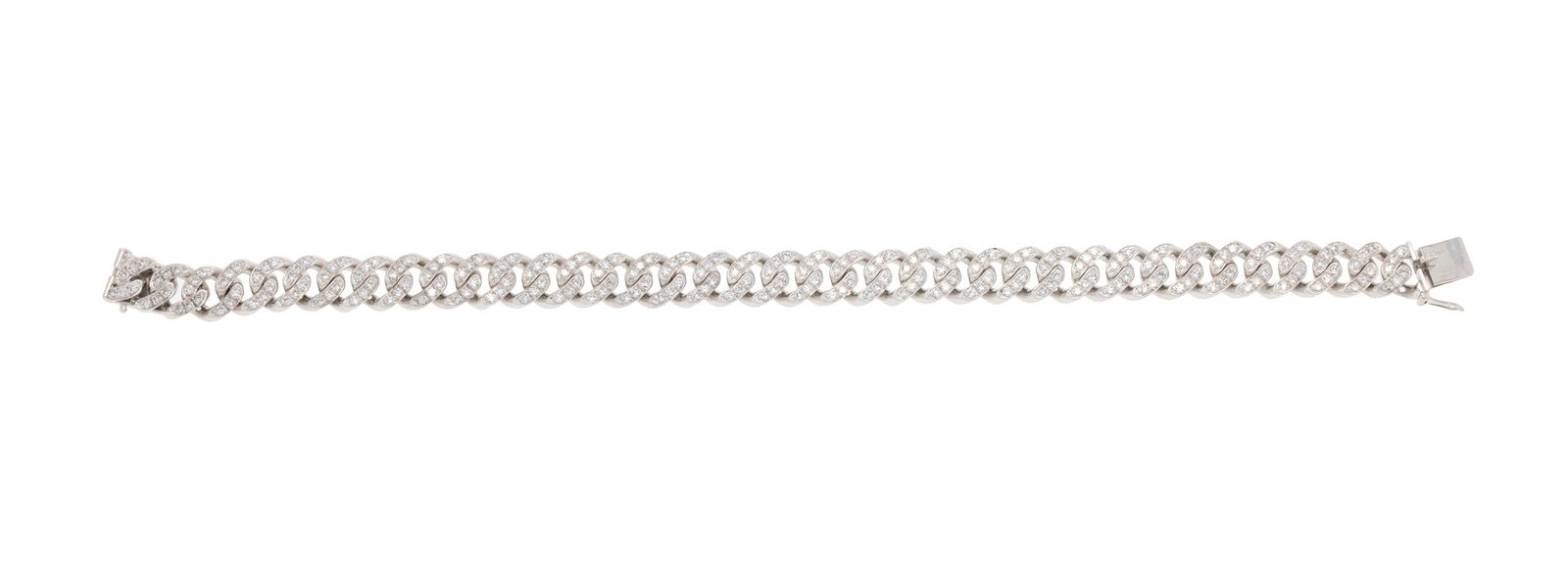 E. Meister, bracelet or gris 750 à maille gourmette pavé de diamants taille 8/8, signé: E. Meister, bracelet or gris 750 à maille gourmette pavé de diamants taille 8/8, signé, long. 19.5 cm, 27g ConditionBon état de conservation général. Présence de