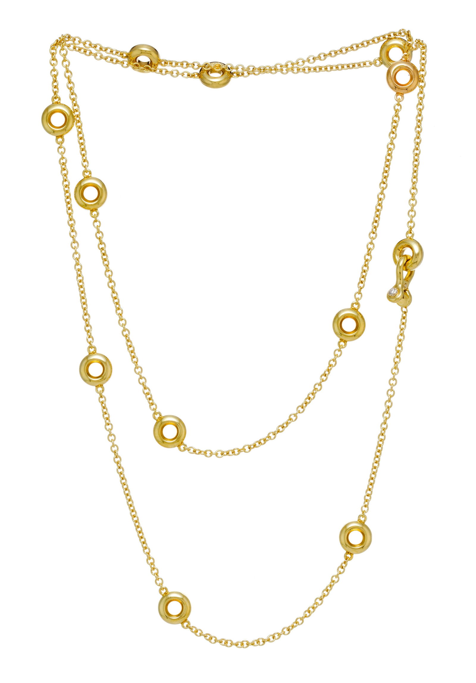 Chimento, sautoir or 750 à maille forçat alternant des éléments circulaires, fer: Chimento, sautoir or 750 à maille forçat alternant des éléments circulaires, fermoir serti d'un diamant taille brillant, long. 90 cm, 21g Condition Bon état de conservation g&