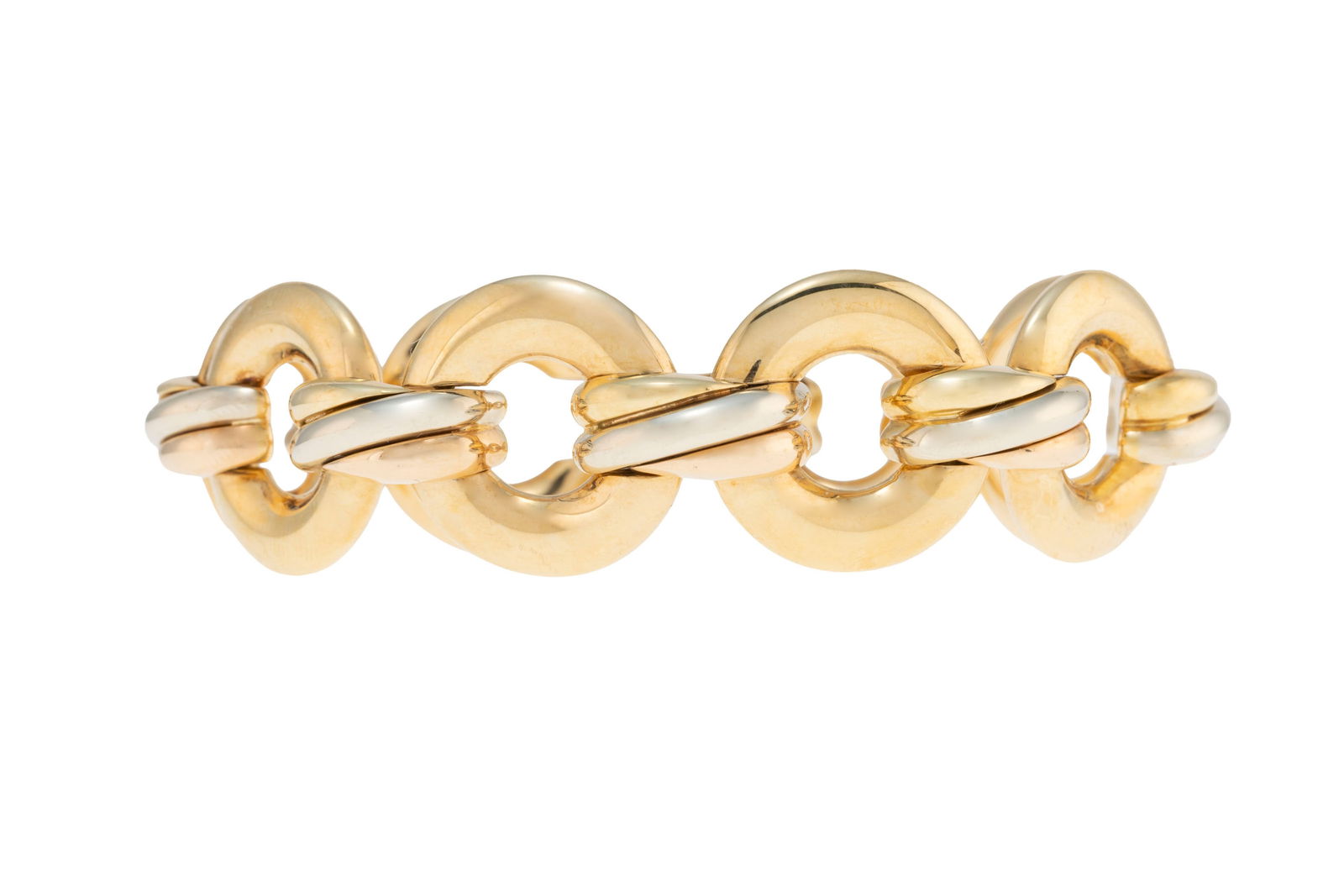 Cartier, Trinity, bracelet 3 ors 750 formé de maillons circulaires reliés par des ponts tr: Cartier, Trinity, bracelet 3 ors 750 formé de maillons circulaires reliés par des ponts tricolores, signé, numéroté D76740, long. 17 cm, 58g, boîte Condition Tr