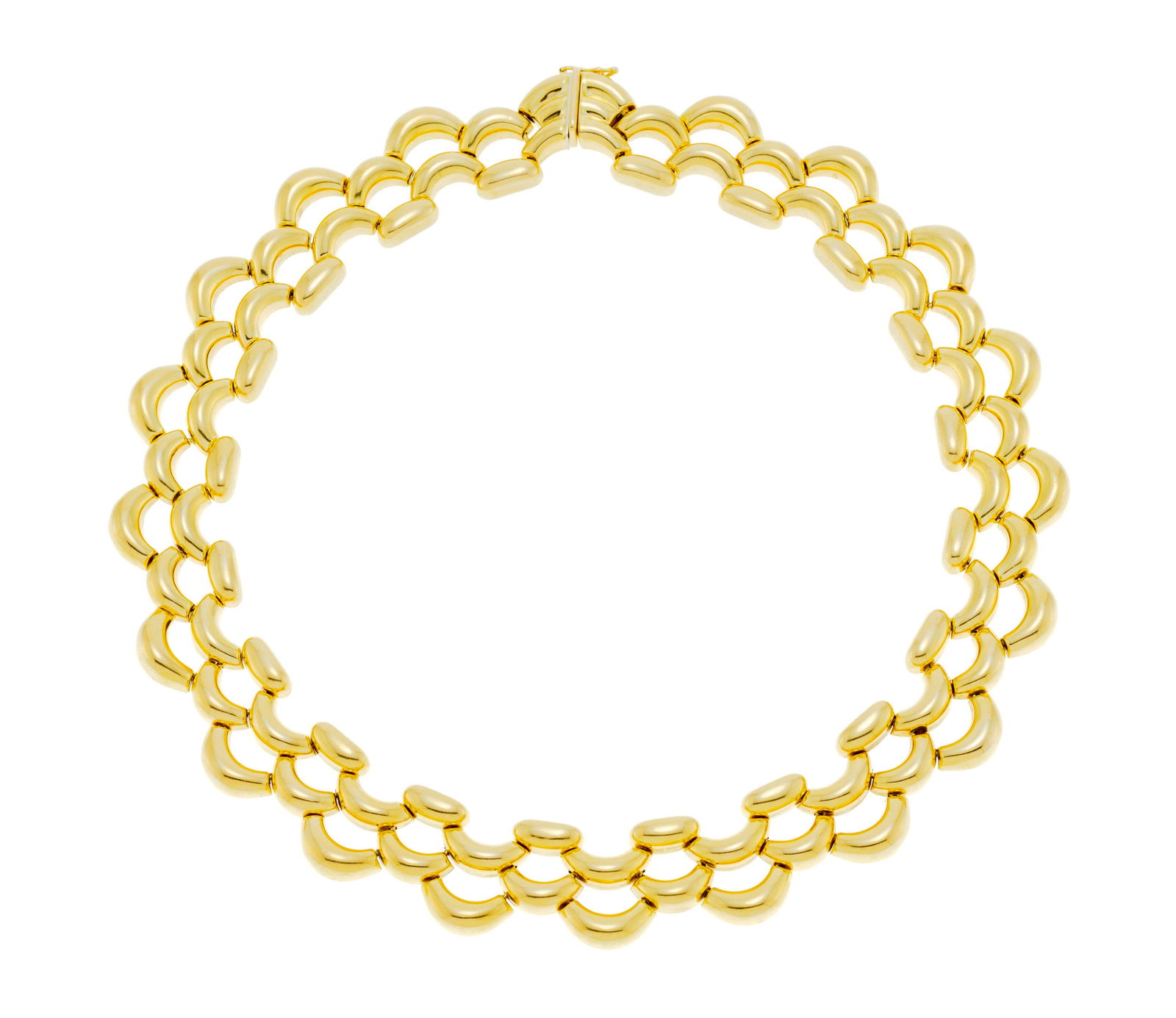 Cartier, collier or 750 articulé d'éléments courbés, signé, numérot: Cartier, collier or 750 articulé d'éléments courbés, signé, numéroté C46319, circ. 40 cm, 86g ConditionTrès bon état de conservation général.